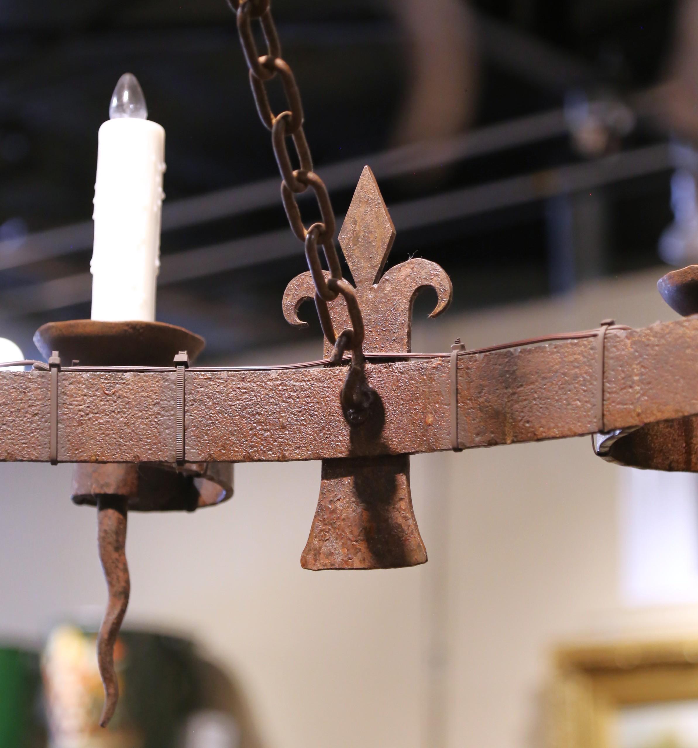 19th C. French Wrought Iron Twelve-Light Chandelier with Fleur-de-Lys Motifs For Sale 3