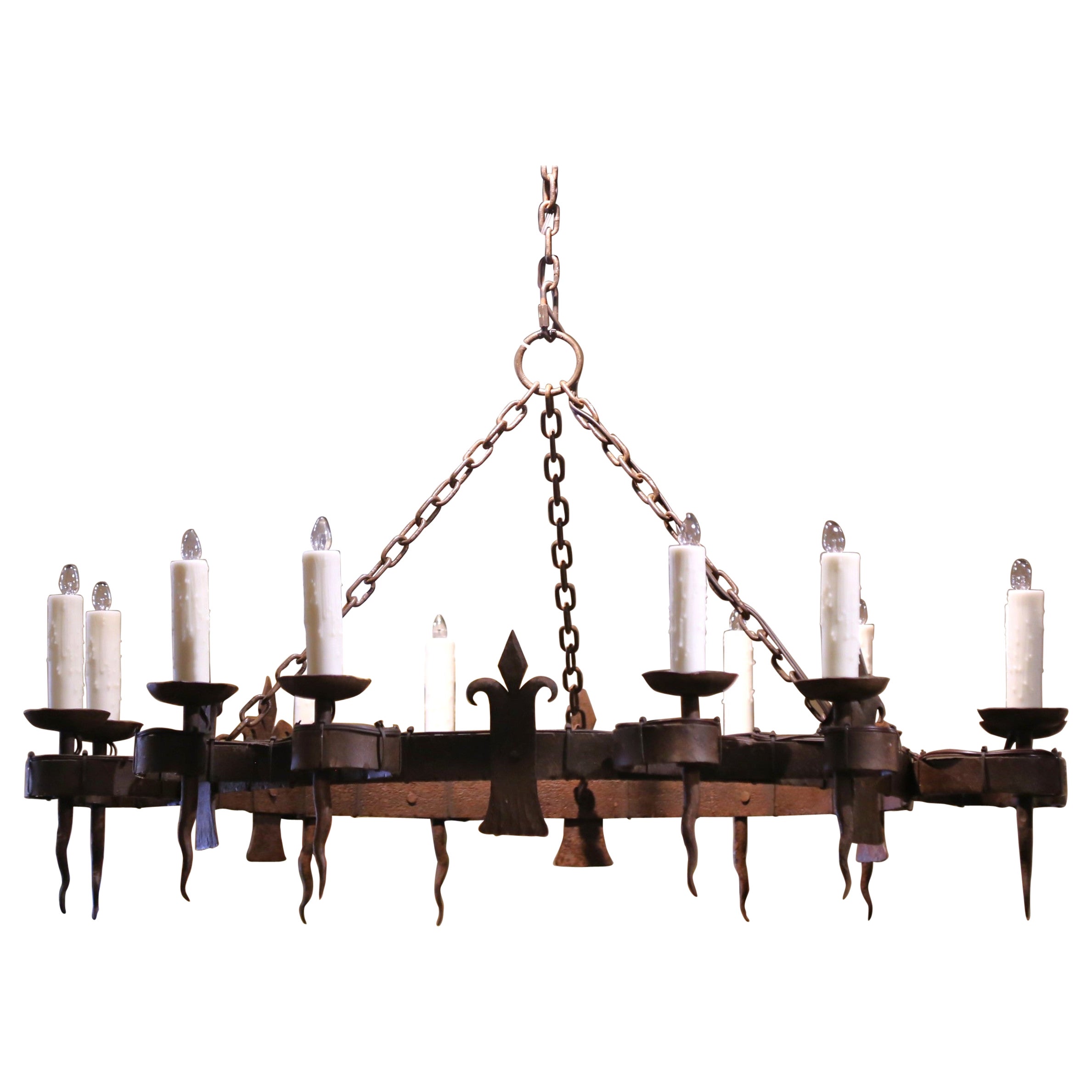 19th C. French Wrought Iron Twelve-Light Chandelier with Fleur-de-Lys Motifs