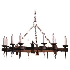19th C. French Wrought Iron Twelve-Light Chandelier with Fleur-de-Lys Motifs