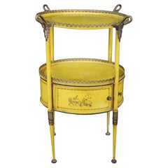 Plateau à étages français du XIXe siècle en fer émaillé jaune, sur pied, représentant une scène pastorale de style chinoiserie