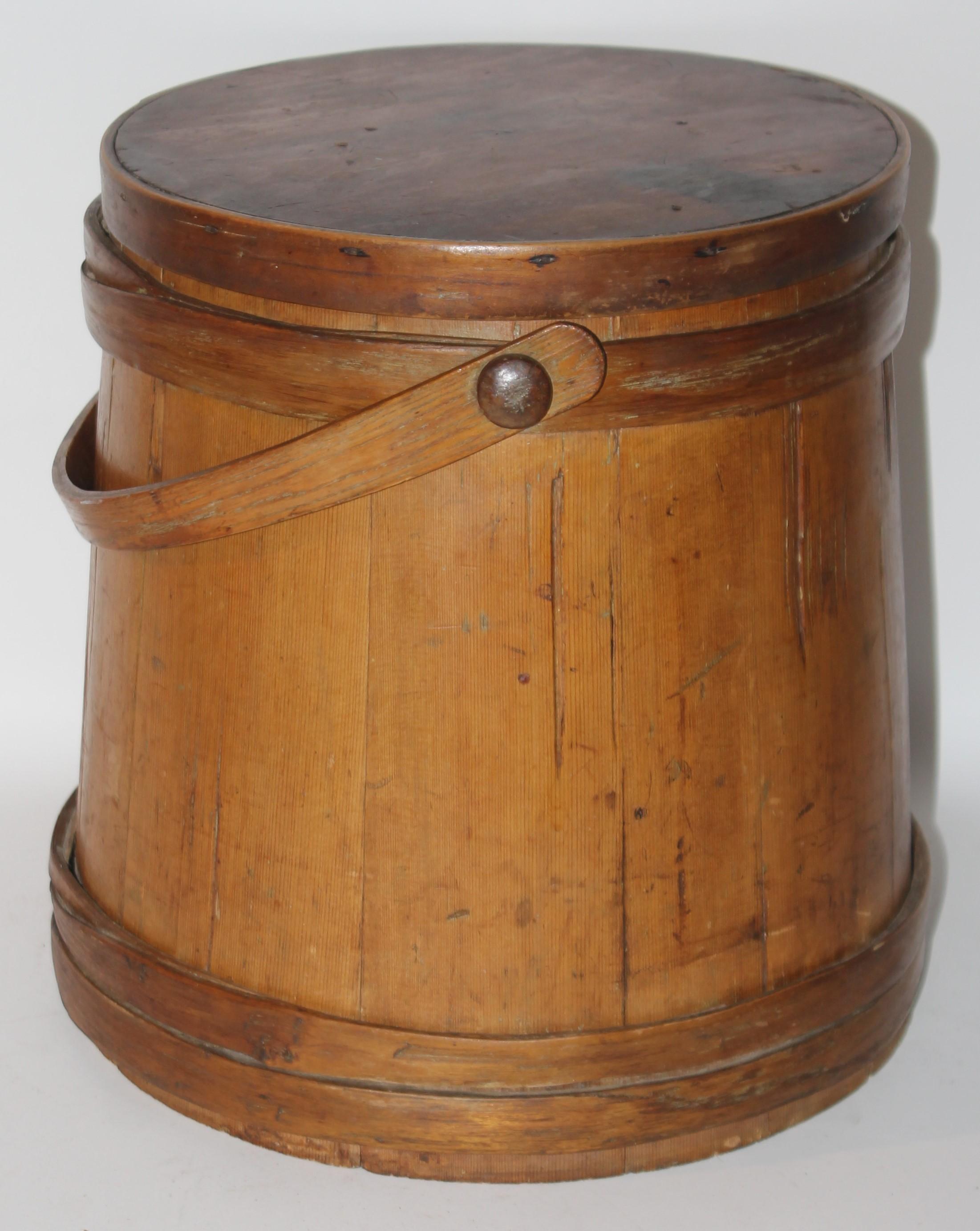 Hand-Crafted 19th C Furkin Bucket with Lid from New England For Sale