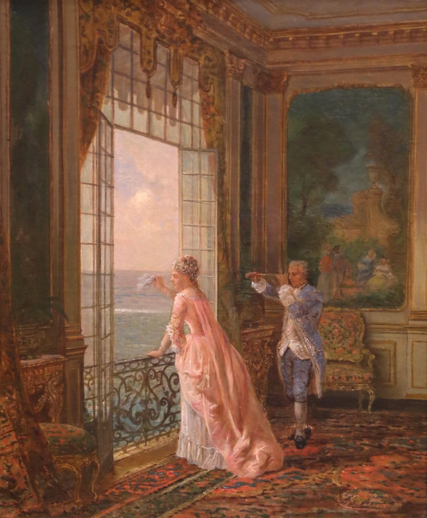 Rococò Pittura su tela di genere del XIX secolo con cornice in legno dorato firmata Amédée Greux in vendita