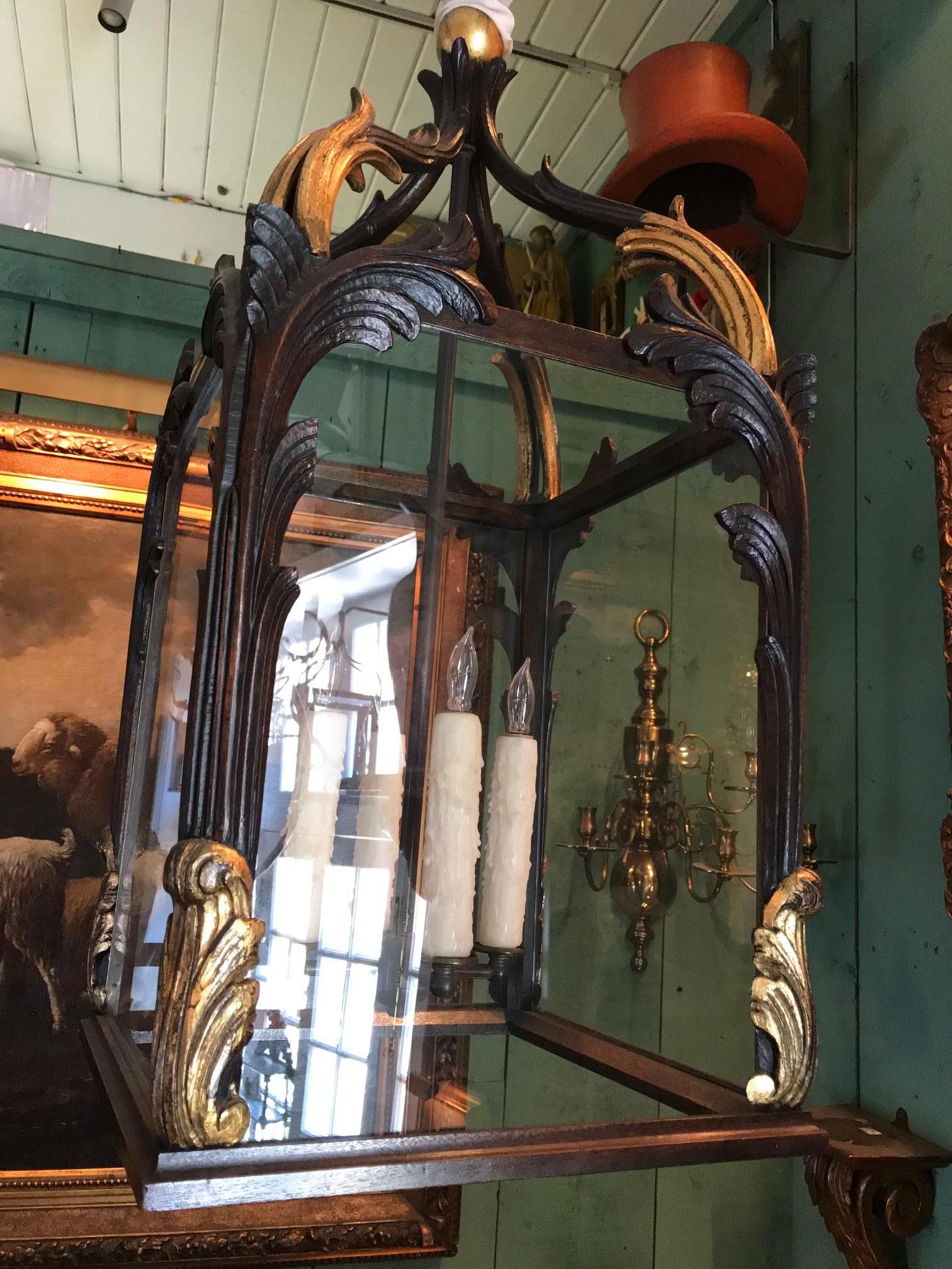 19th C. Large Antique Hand Carved Wood Lantern Hanging Ceiling Light Pendant LA For Sale 1