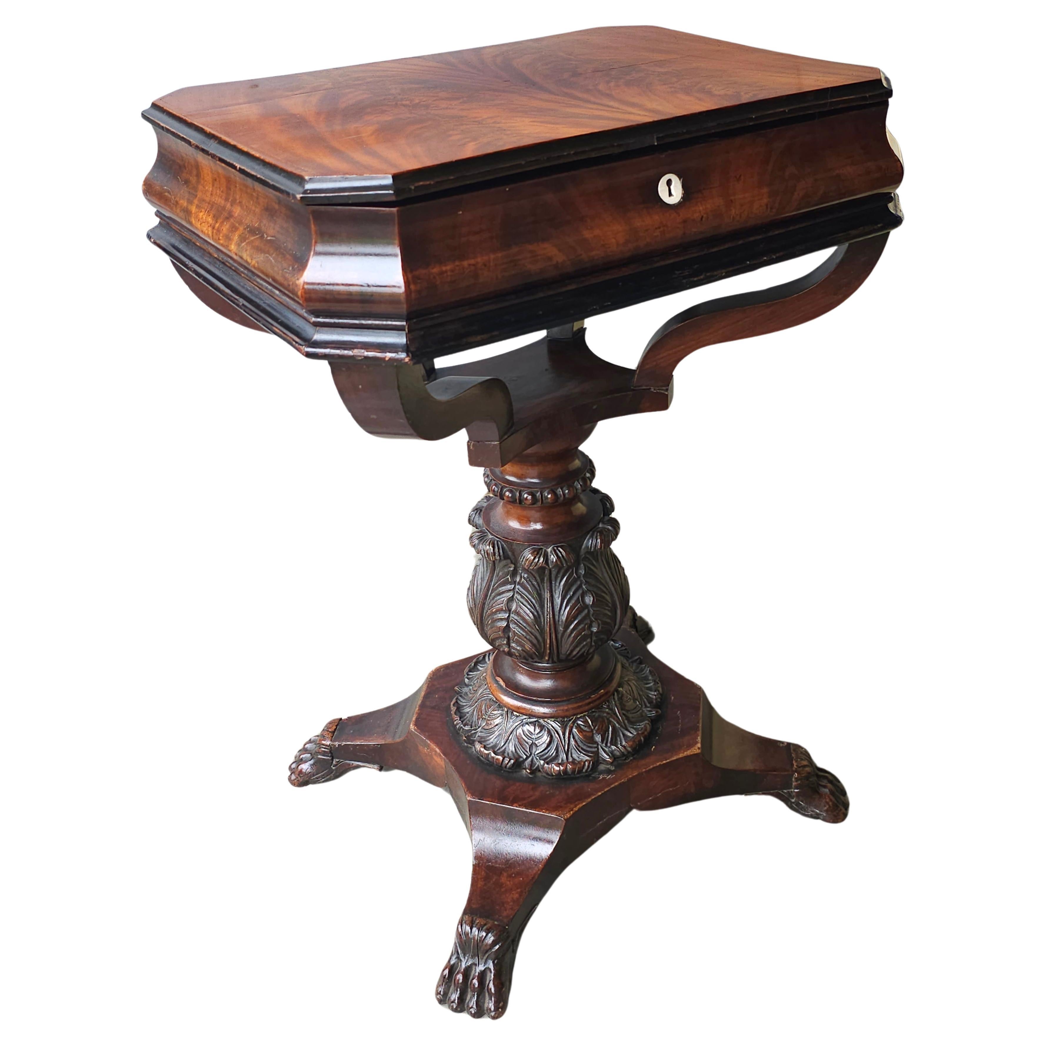 British 19th C. George IV Partial Ebonized Bookmatched And Carved Mahogany Sewing Stand For Sale