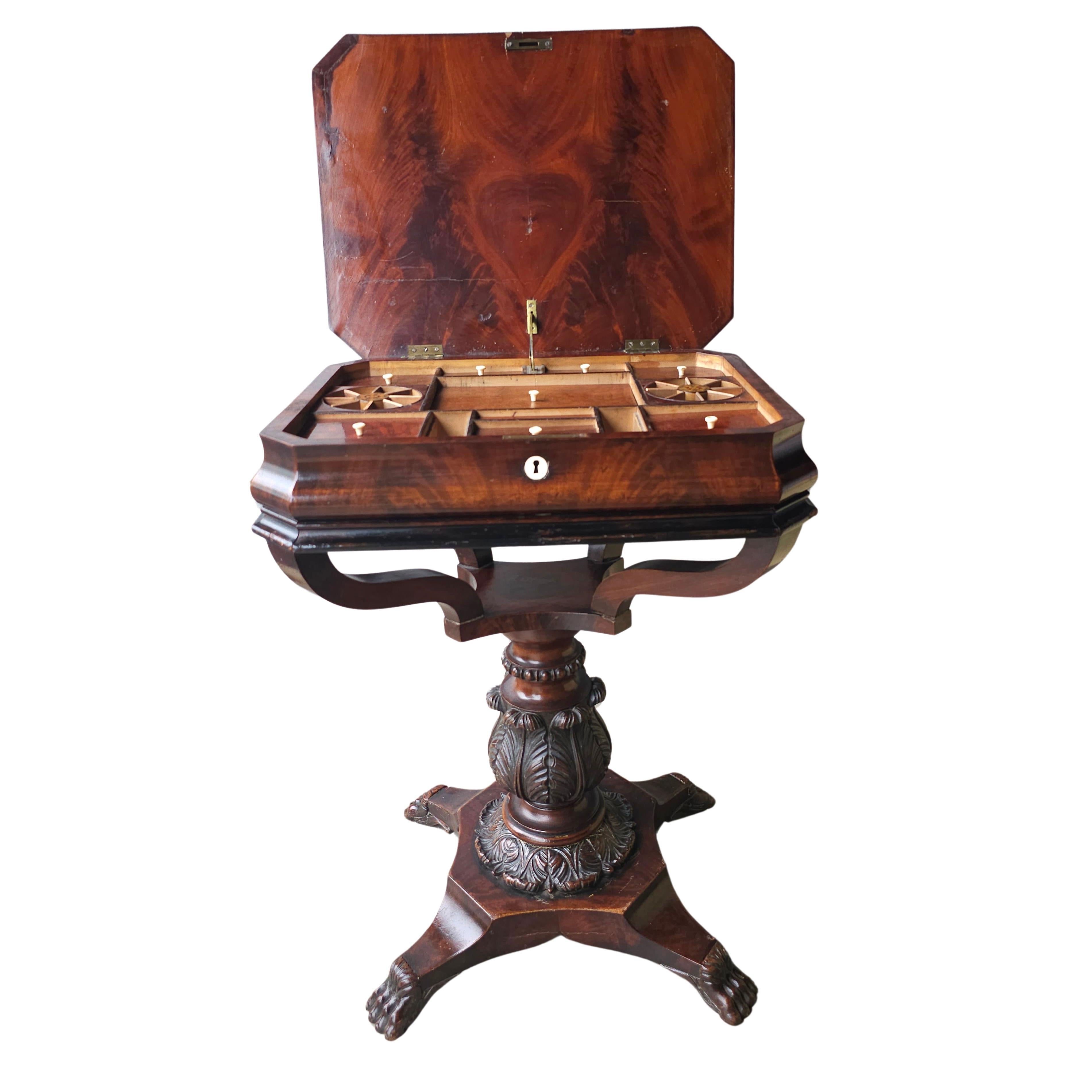 19th C. George IV Partial Ebonized Bookmatched And Carved Mahogany Sewing Stand In Good Condition For Sale In Germantown, MD