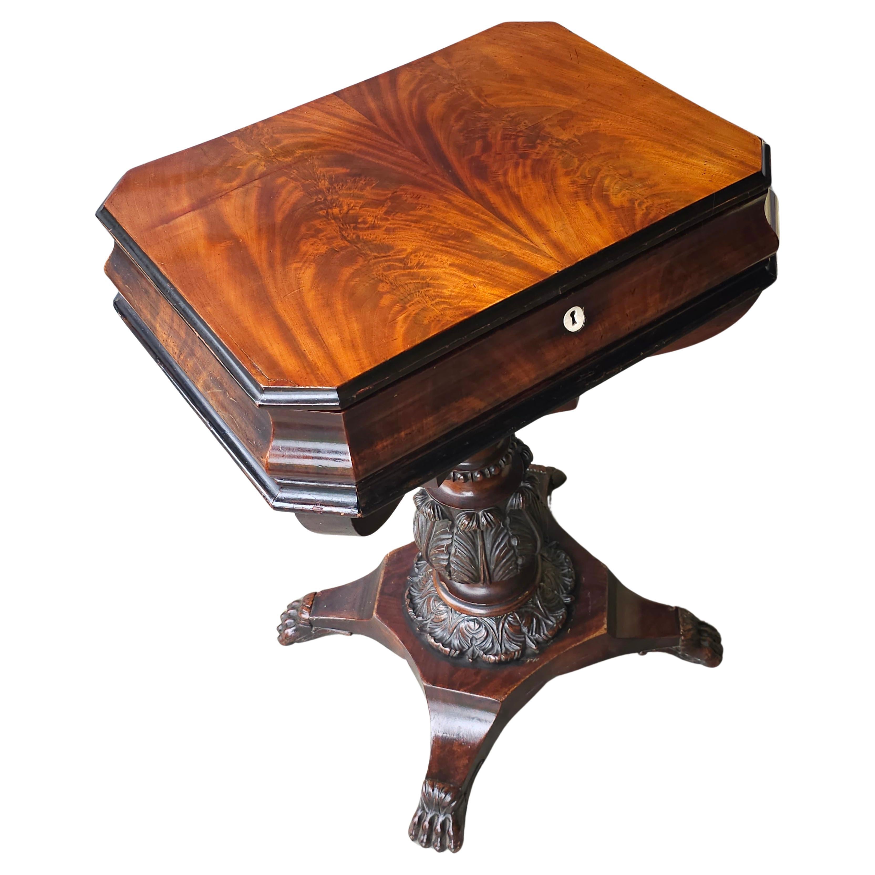 19th Century 19th C. George IV Partial Ebonized Bookmatched And Carved Mahogany Sewing Stand For Sale