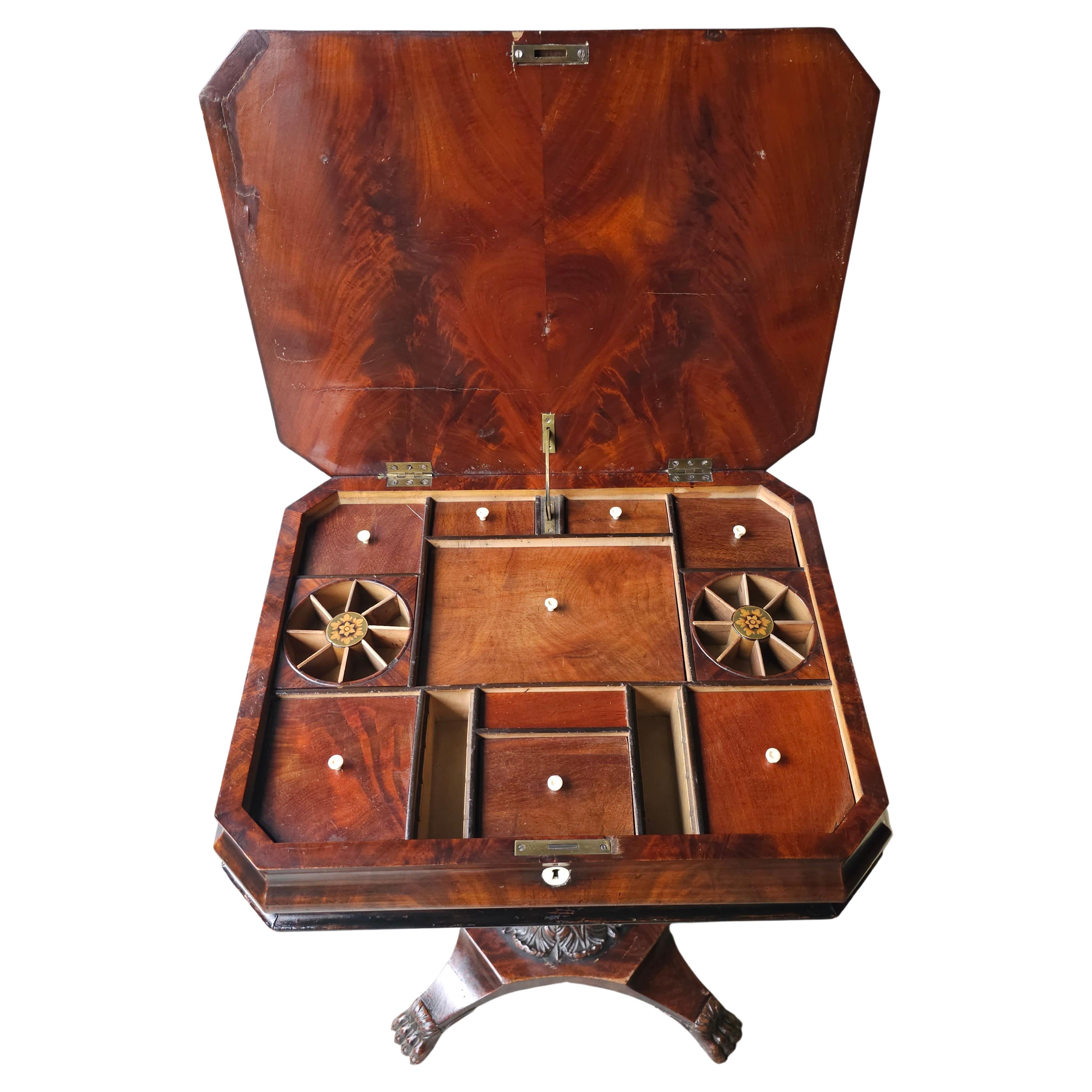 19th C. George IV Partial Ebonized Bookmatched And Carved Mahogany Sewing Stand For Sale 1