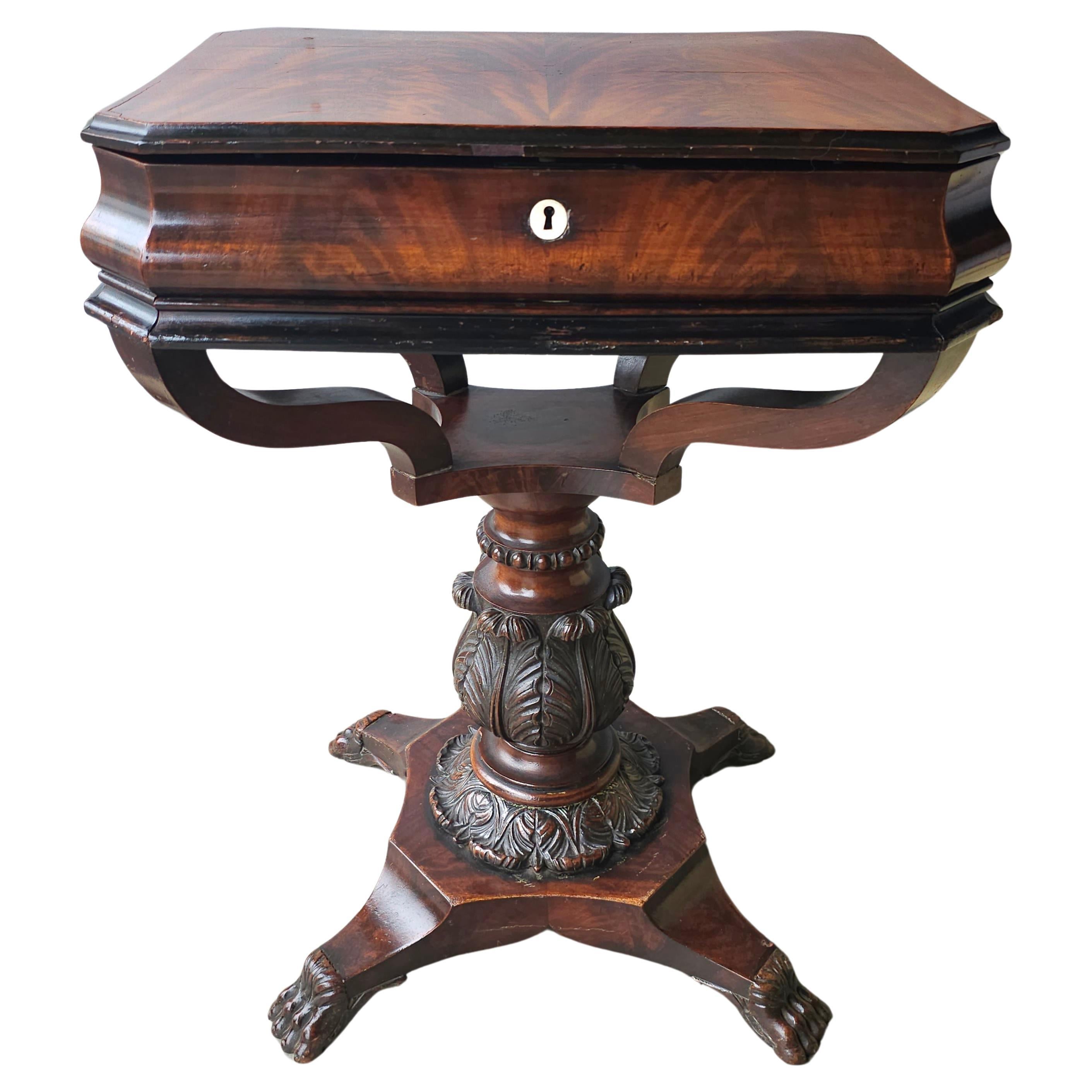 19th C. George IV Partial Ebonized Bookmatched And Carved Mahogany Sewing Stand For Sale