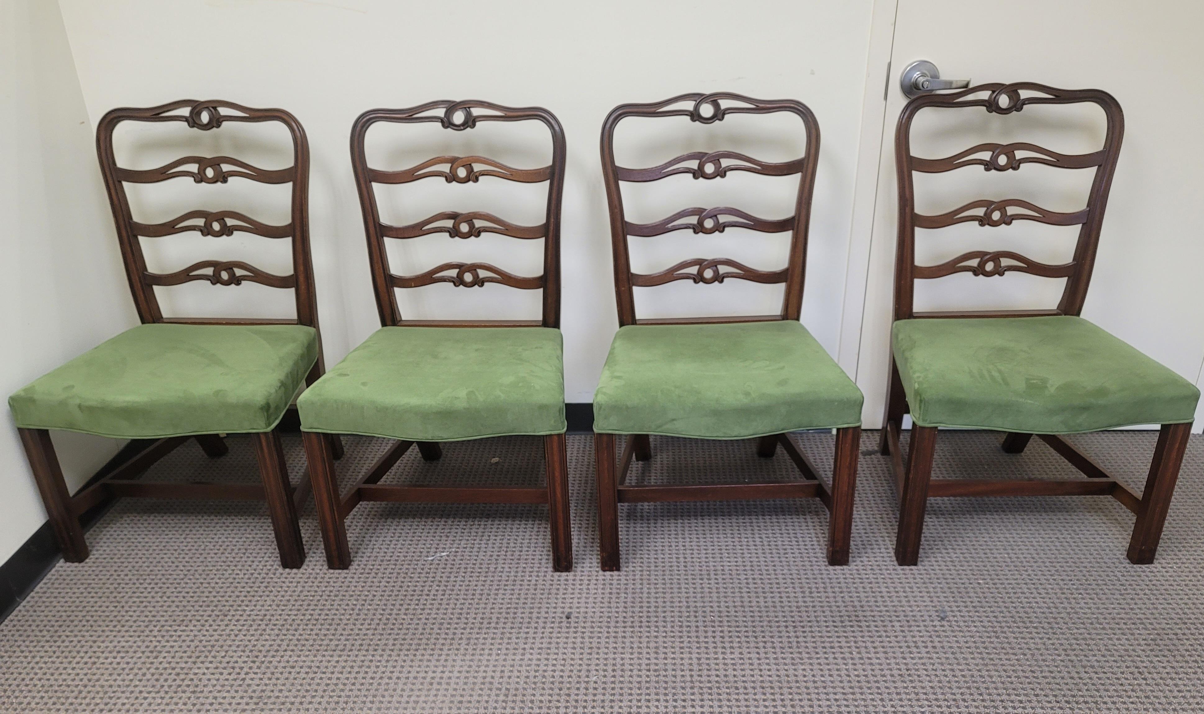 Northern Irish 19th C. Georgian Set of 4 Pierced Ladder Back Leather Upholstered Dining Chairs For Sale