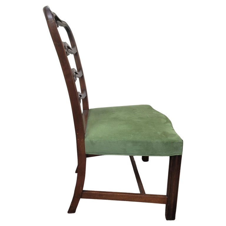 19th C. Set of 4 Pierced Ladder Back Leather Upholstered