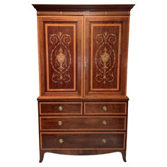19th c Georgian Style Mahogany Linen Press with Beautiful Urn & Foliate Inlay