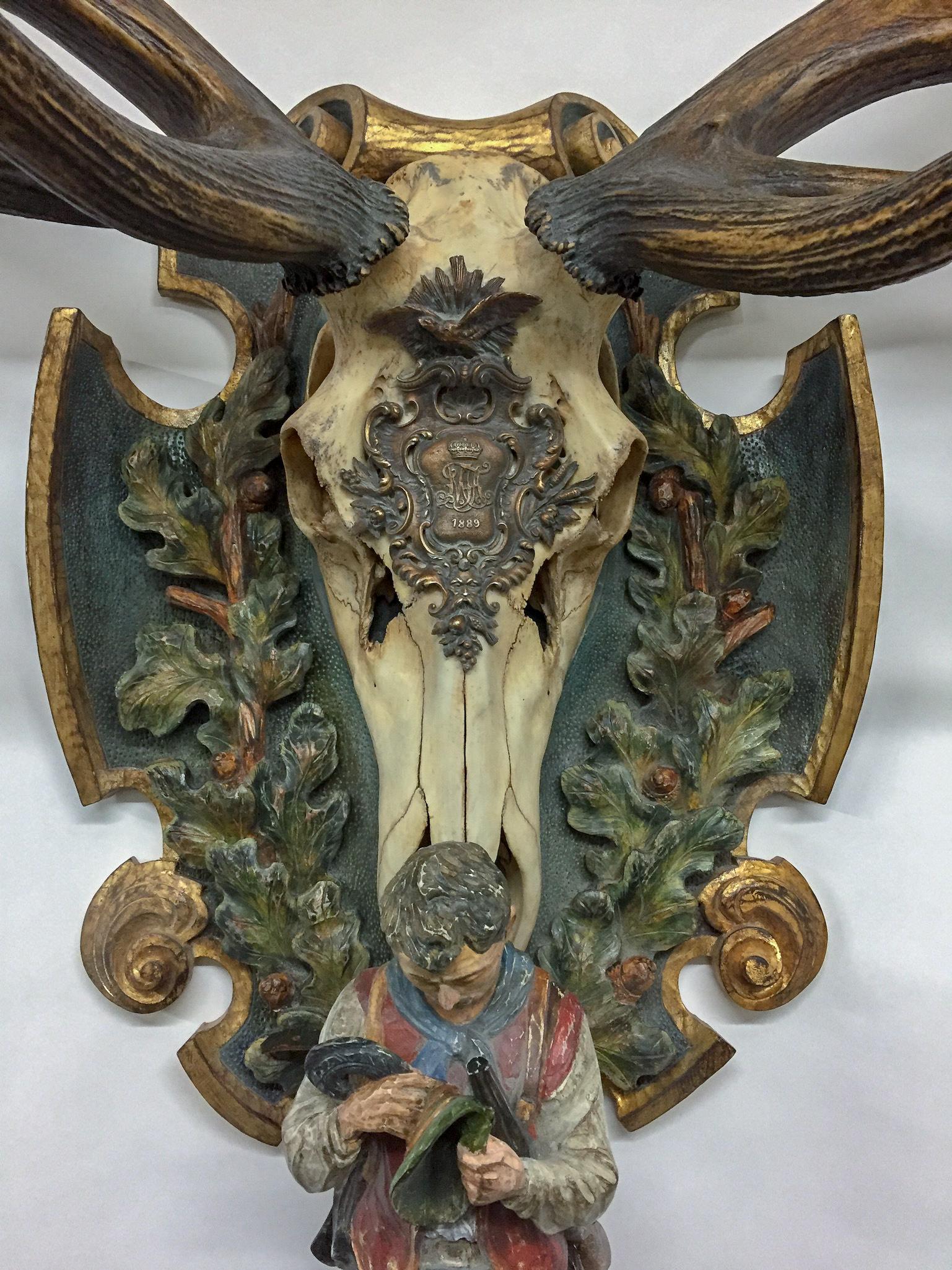 Hand-Carved German Red Stag Trophy on Hand Carved Polychrome Black Forest Plaque