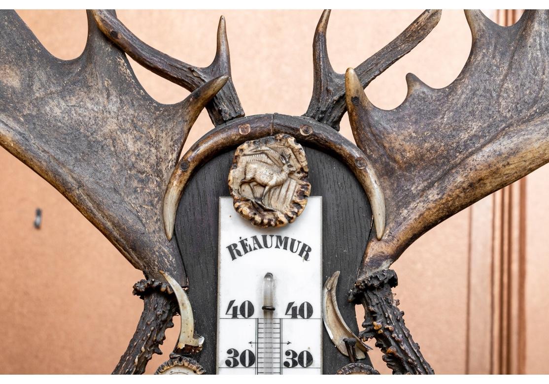 19th C. German Stag Horn Thermometer and Barometer For Sale 1