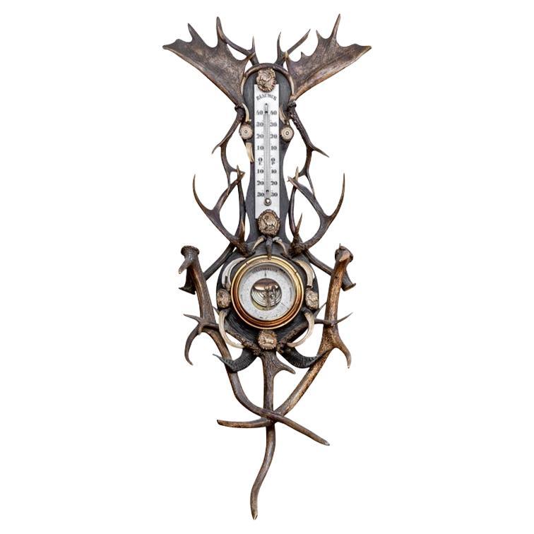 19th C. German Stag Horn Thermometer and Barometer For Sale