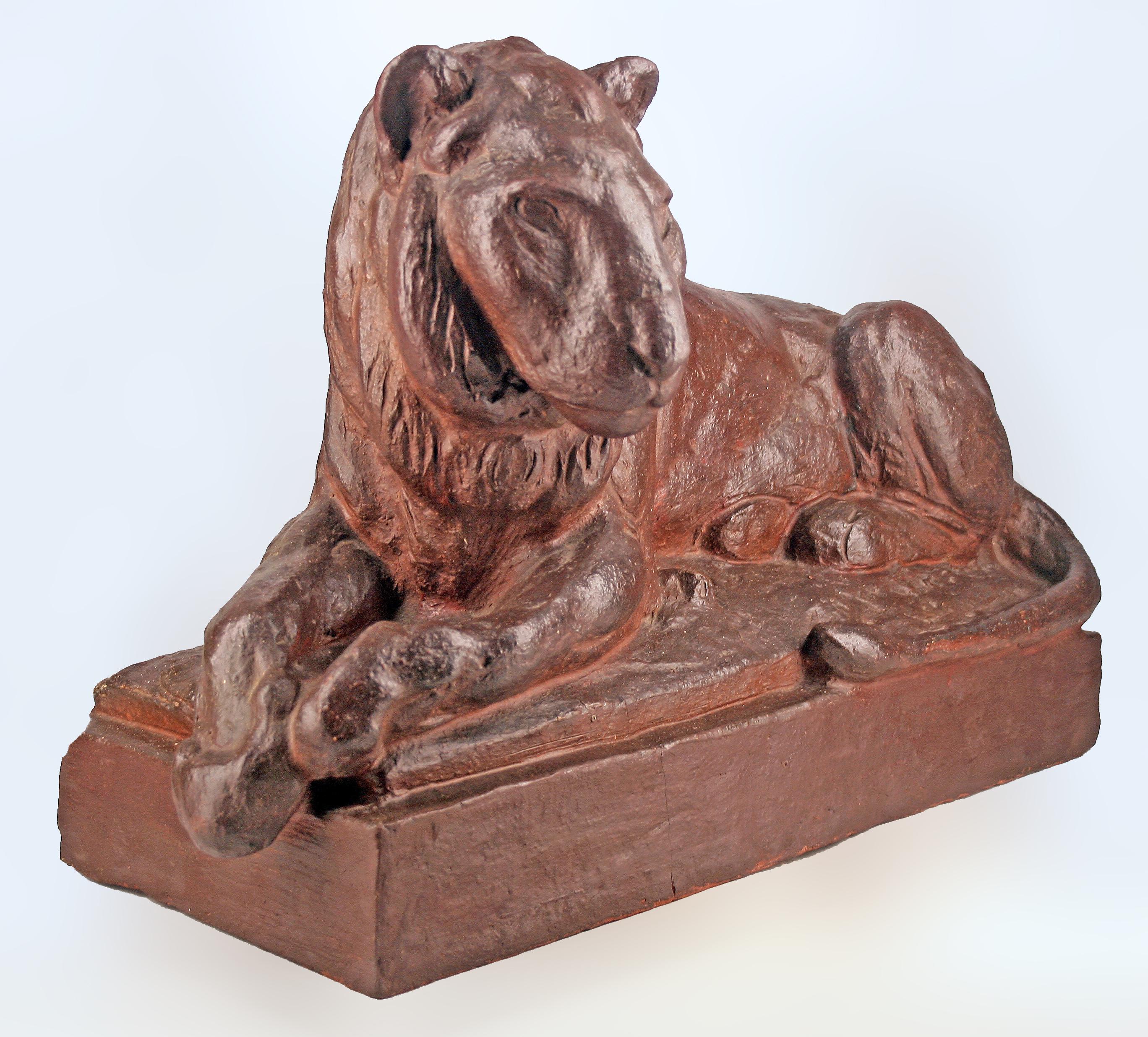Late 19th century german terracotta sculpture of a resting lion by animalier author August Gaul

By: August Gaul
Material: terracotta
Technique: hand-crafted, molded, carved, hand-carved
Dimensions: 8.5 in x 20.5 in x 16.5 in
Date: late 19th