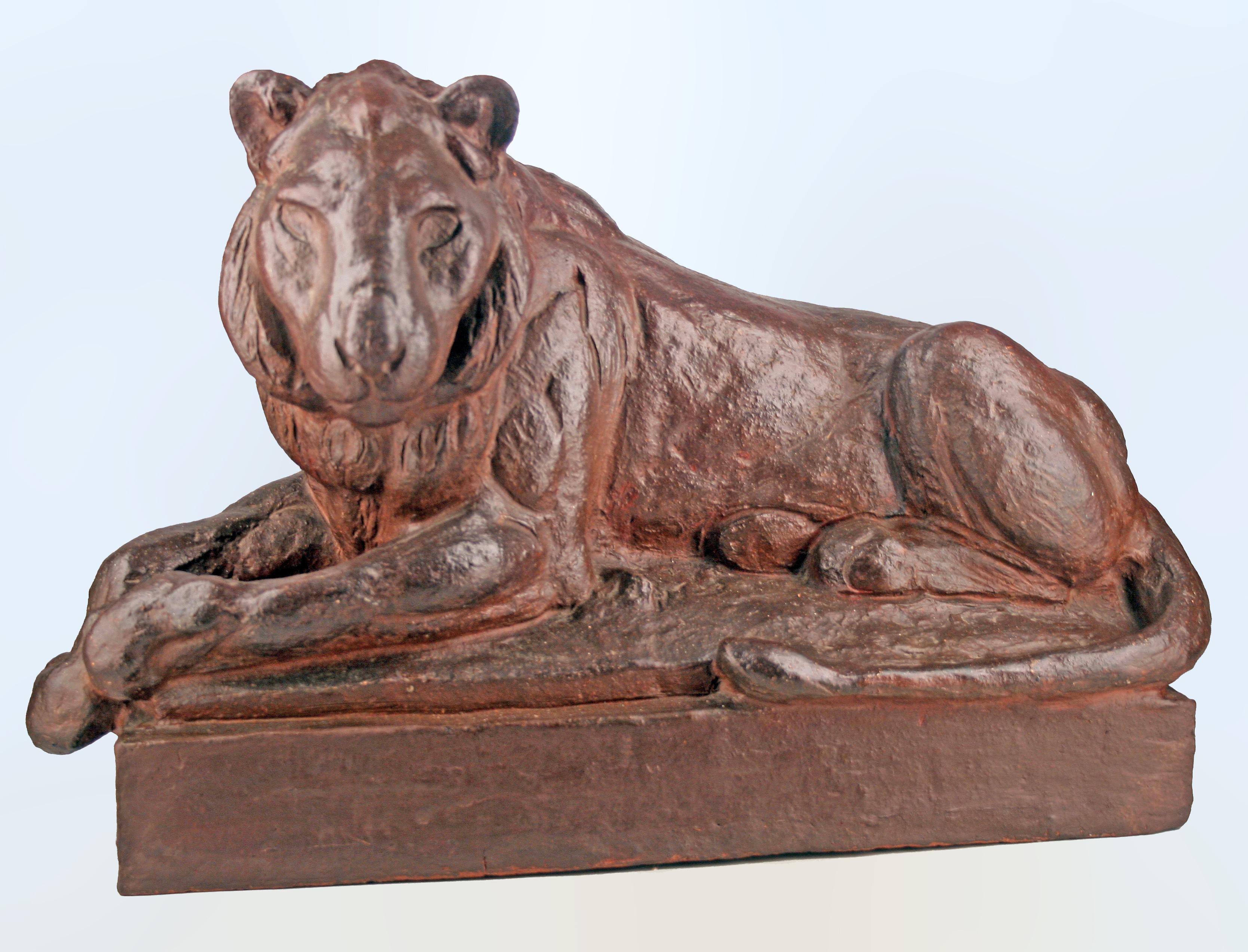Hand-Crafted 19th C. German Terracotta Sculpture of Resting Lion by Animalier Author A. Gaul For Sale