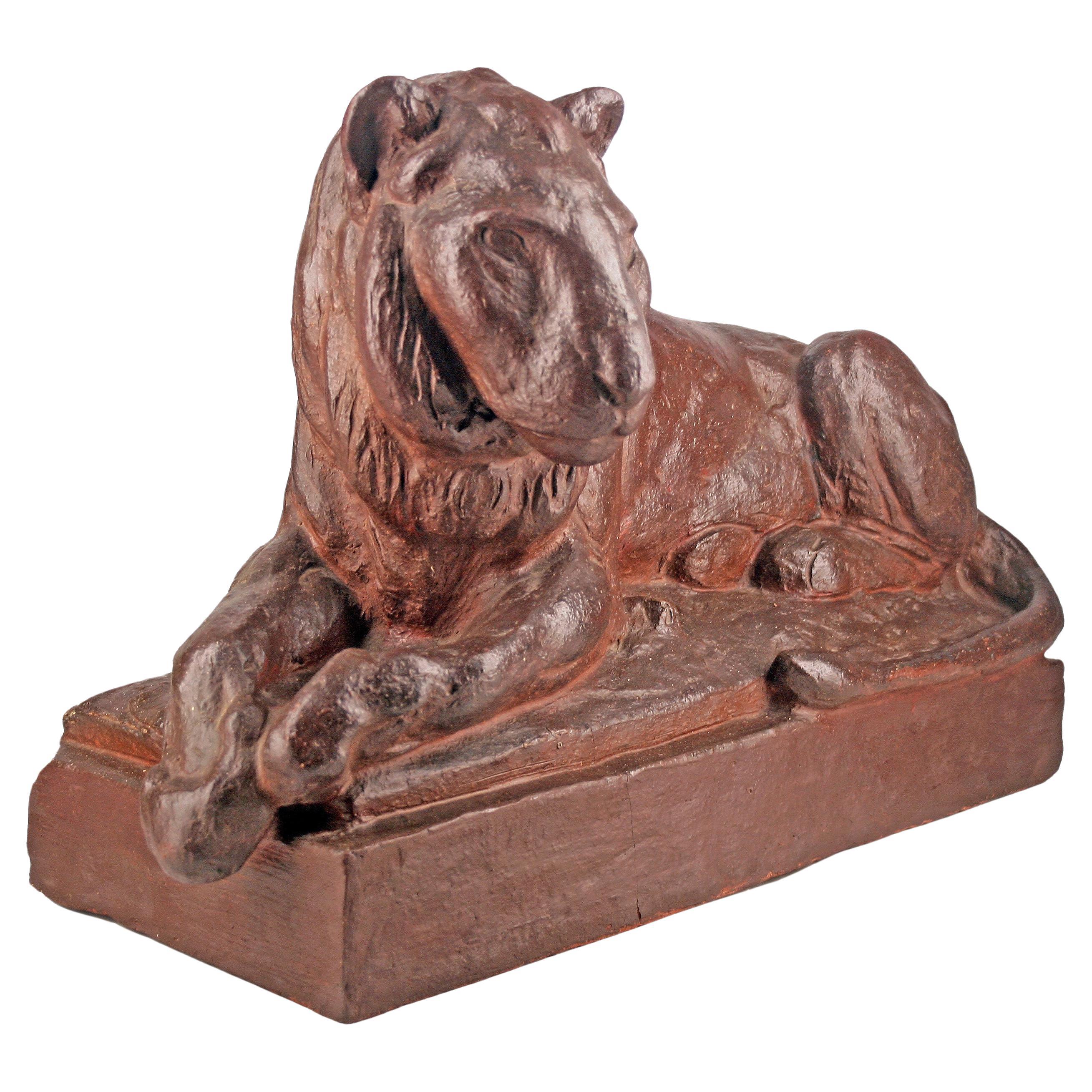 19th C. German Terracotta Sculpture of Resting Lion by Animalier Author A. Gaul For Sale