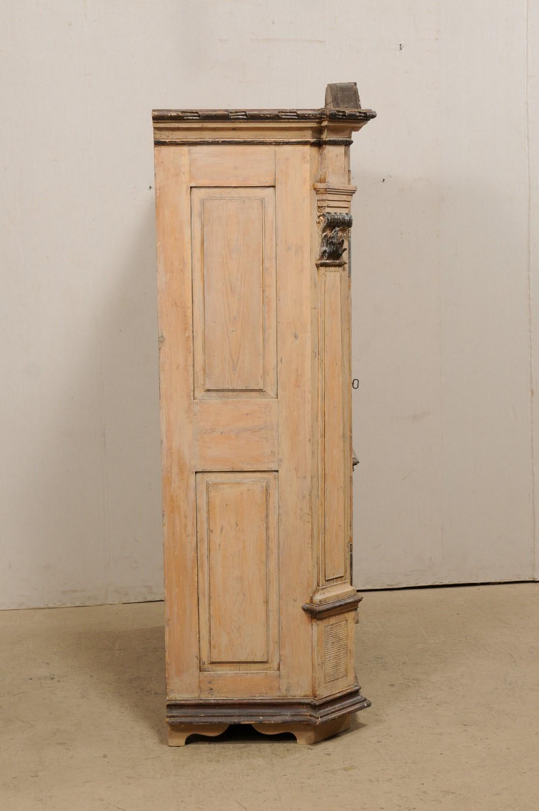 19th C. German Tall Storage Cabinet w/ Arched Cornice & Decorative Carvings For Sale 1