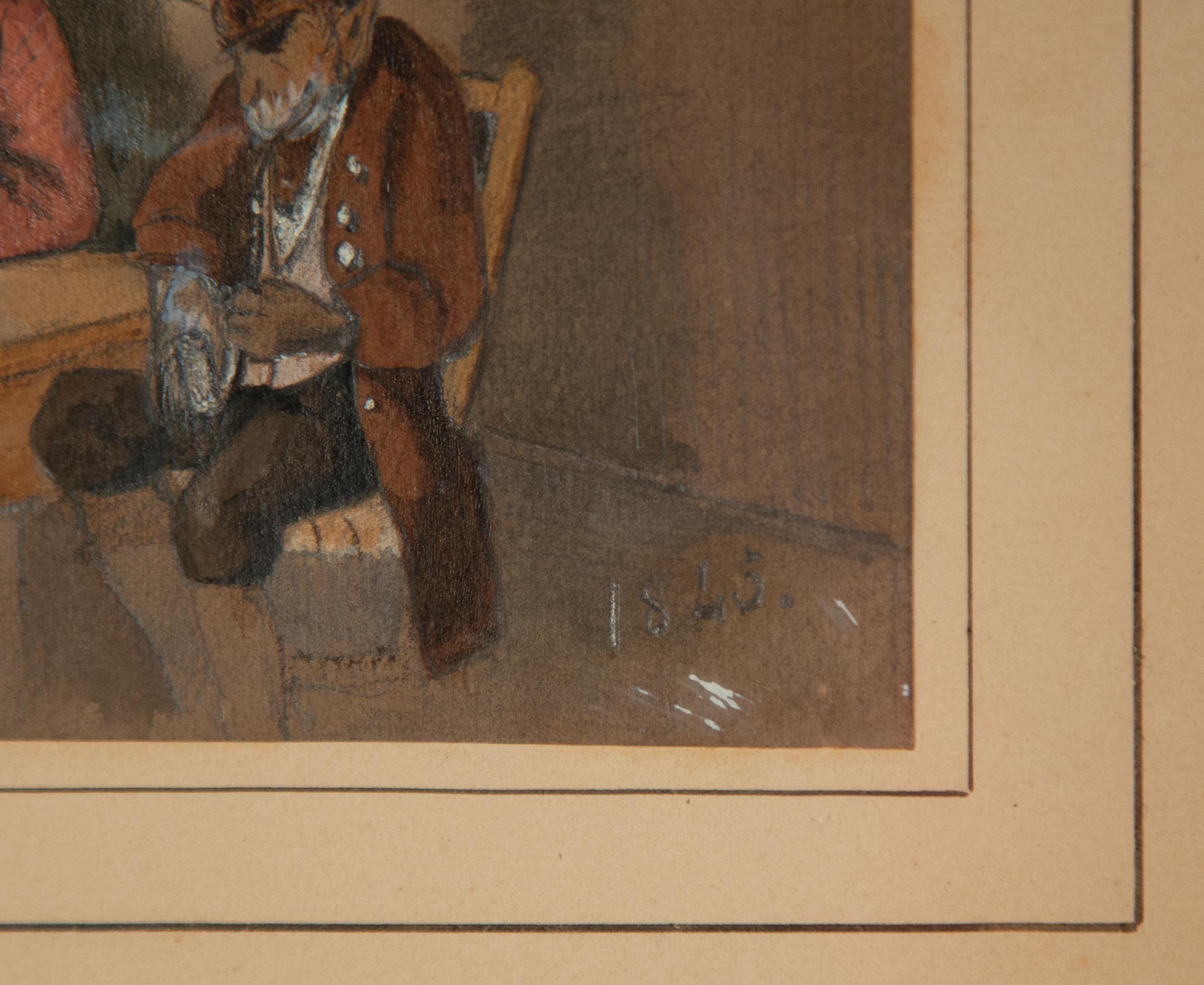 deutsches Aquarell/Gouache des 19. Jahrhunderts mit Affen in einer Taverne, um 1845. Unsigniert, aber datiert 1845. Im alten Eichenrahmen mit dem Originalglas und rückseitig mit Papier und Siegel versehen. Eine sehr detaillierte Innenraumszene mit