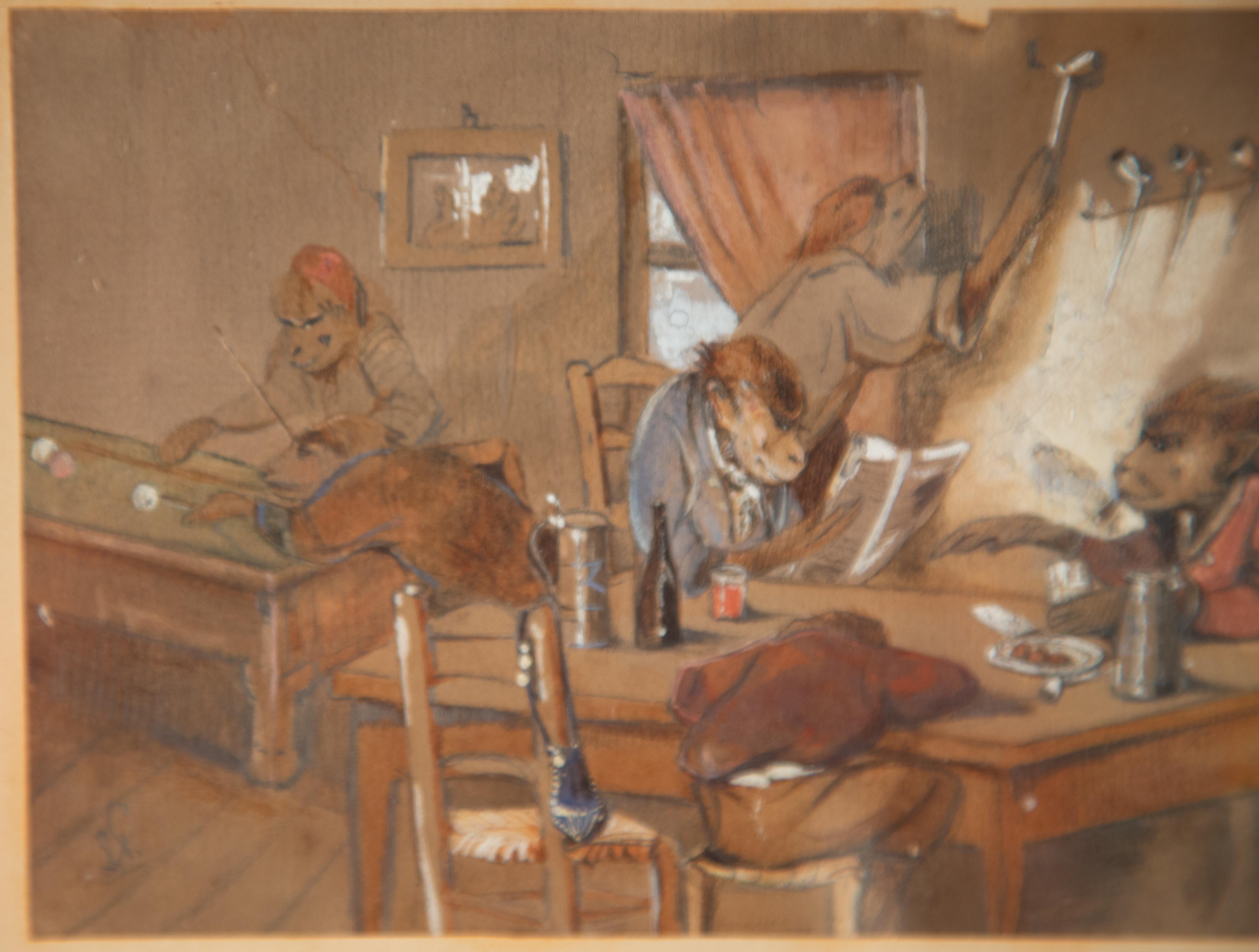 Painted 19th Century German Watercolor/Gouache of Monkeys in a Tavern, circa 1845 For Sale