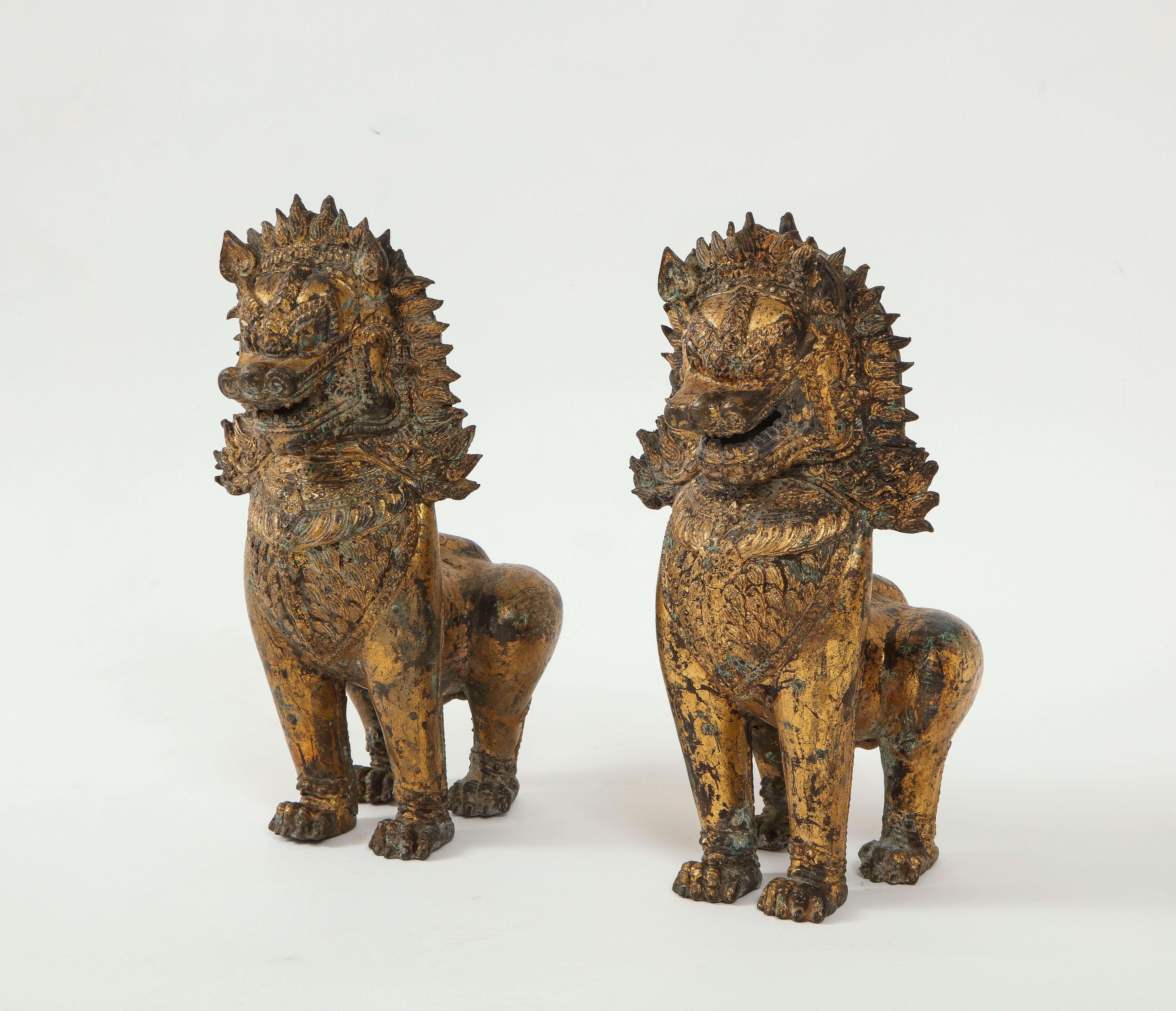 Pair of aged gilt solid bronze Chinese foo dogs. They are portrayed standing, with broad, muscular chests, long, and flame-like manes. The aged gilding remnants further highlighting the strong musculature of these beasts. Their sharp faces, ending