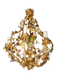 19th C Gilt Bronze & Meissen Porcelain Mounted Cage Form Chandelier w/ A Parrot
