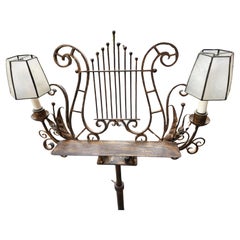 19th C Gilt Iron Music Stand With Electrified Candle Sconces Fully Adjustable.