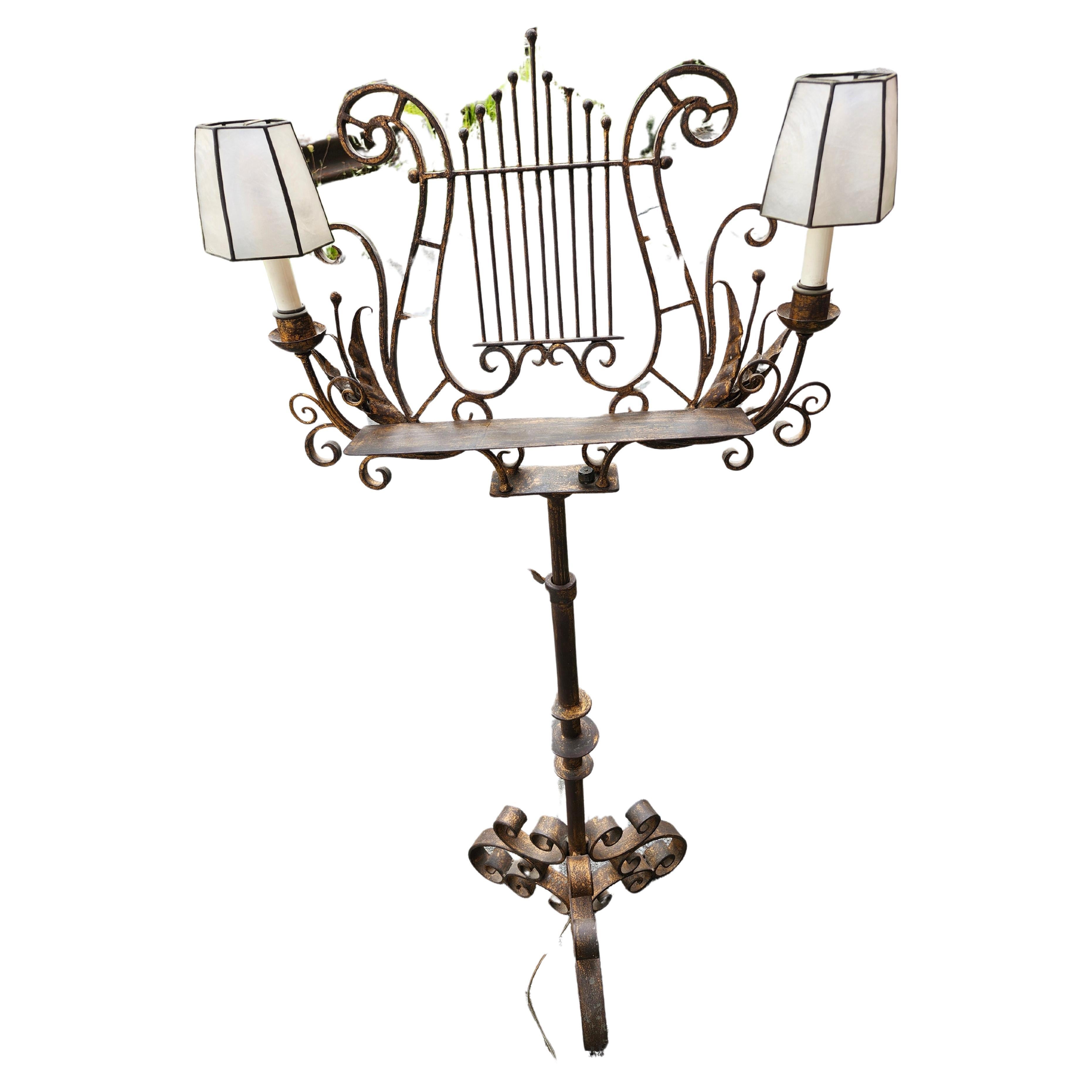 19th C Gilt Iron Music Stand With Electrified Candle Sconces Fully Adjustable.