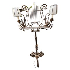 19th C Gilt Iron Music Stand With Electrified Candle Sconces Fully Adjustable.