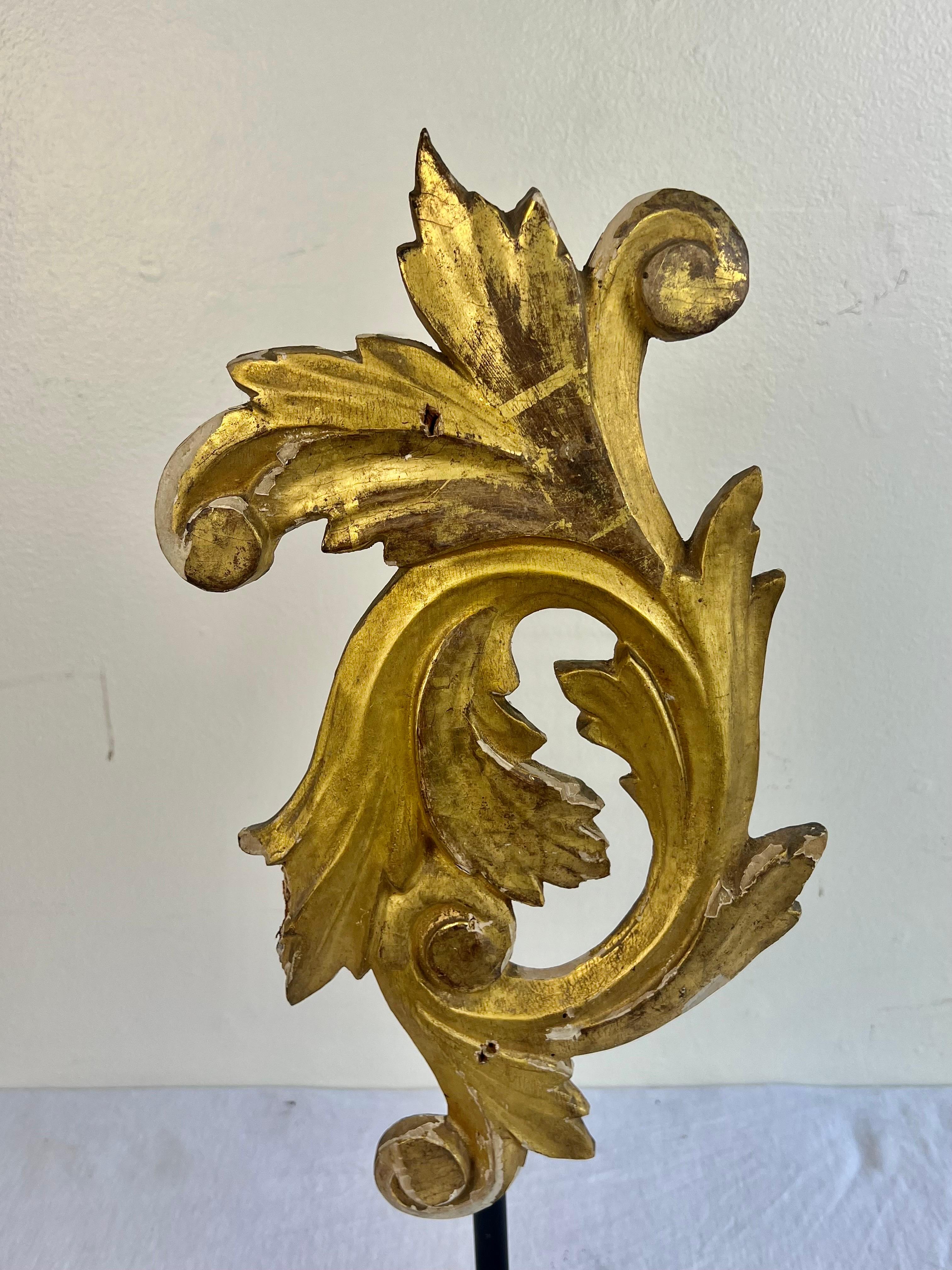 Baroque 19th C. Gilt  Wood Fragment on Iron Base For Sale