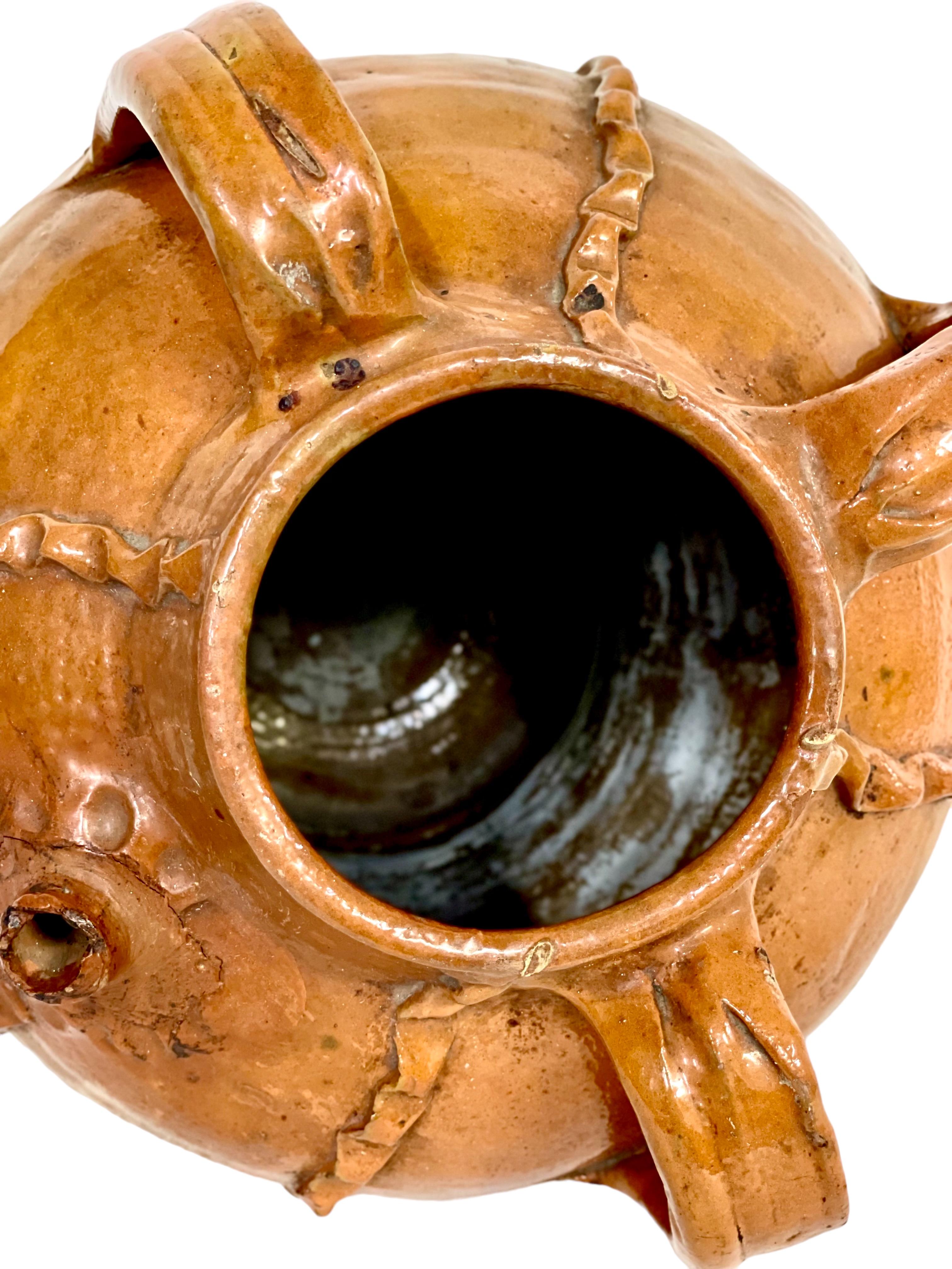 18th C. Glazed Nut Oil Jar with Three Handles from Dordogne Region For Sale 4