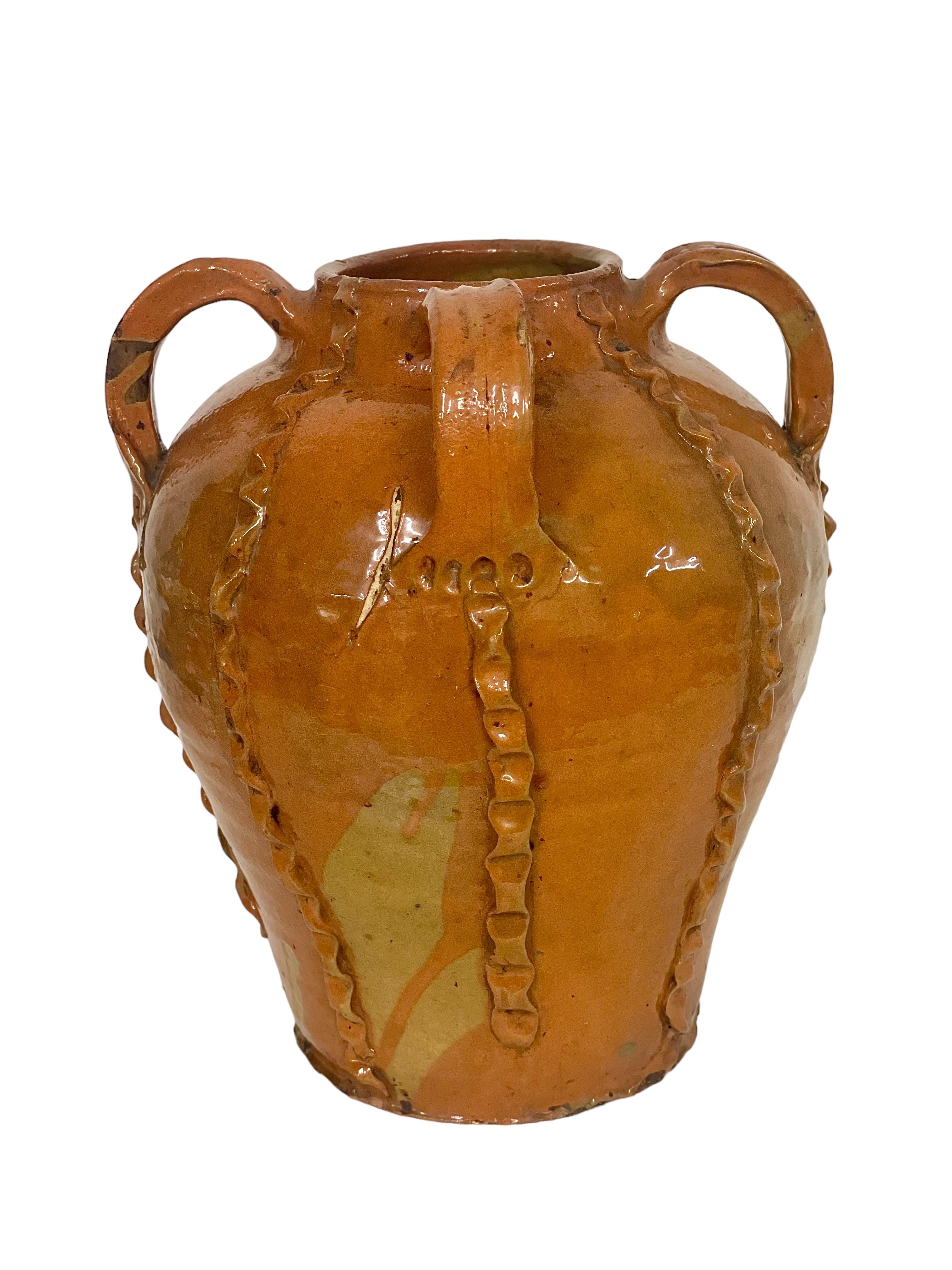 French 18th C. Glazed Nut Oil Jar with Three Handles from Dordogne Region For Sale