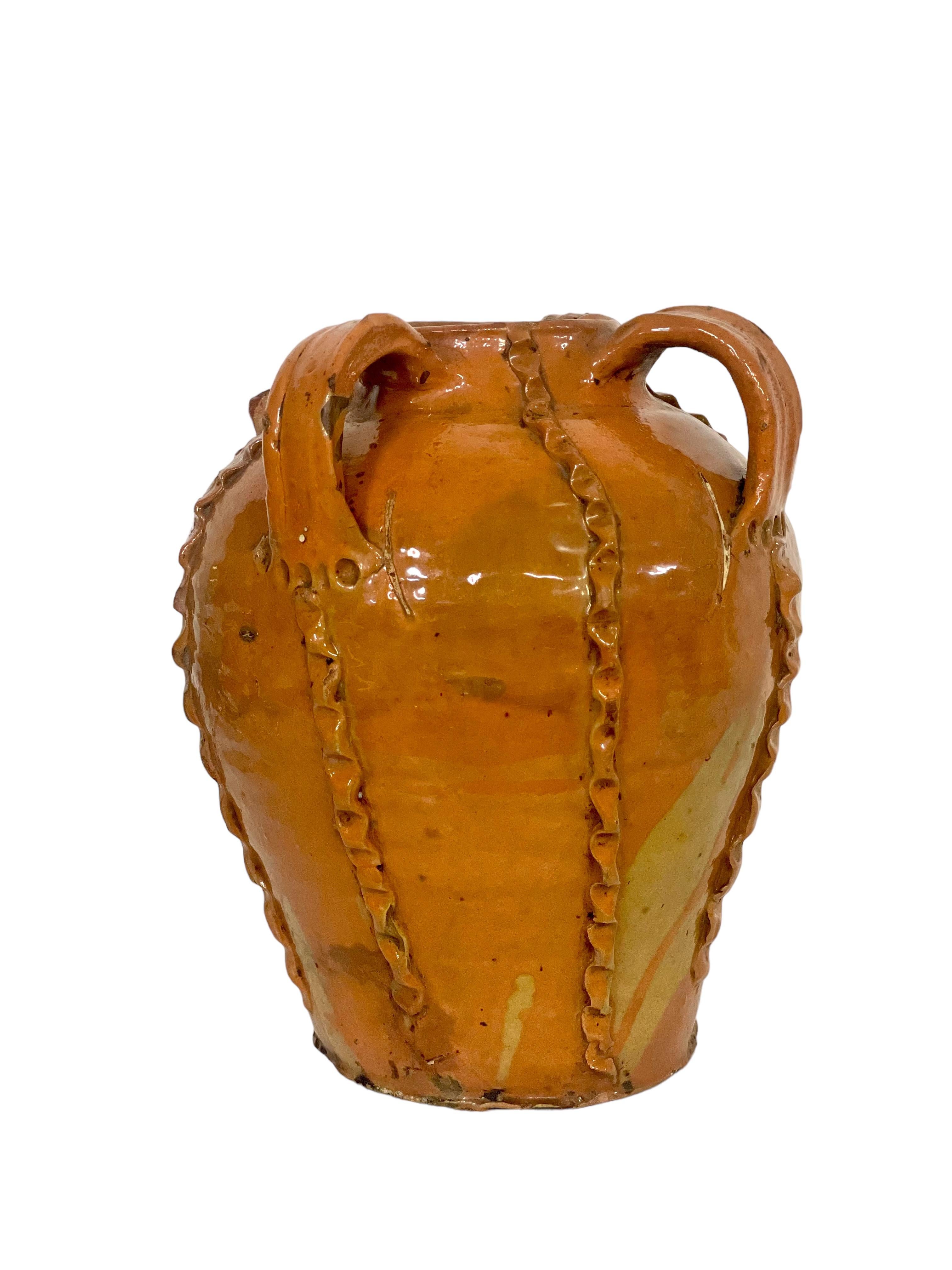 Terracotta 18th C. Glazed Nut Oil Jar with Three Handles from Dordogne Region For Sale