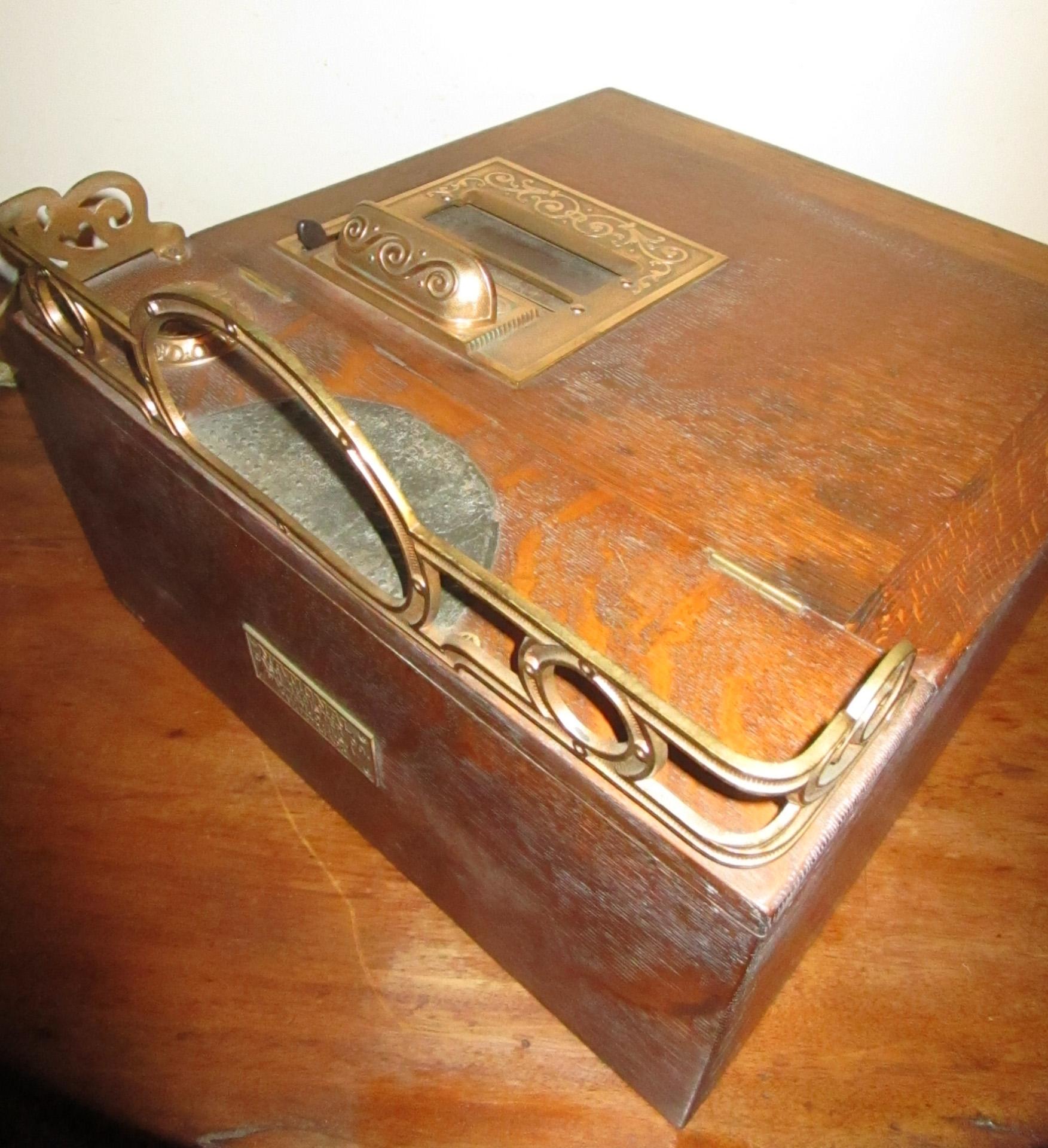 American 19th c Golden Oak and Brass Flat Model National Cash Register Money Box