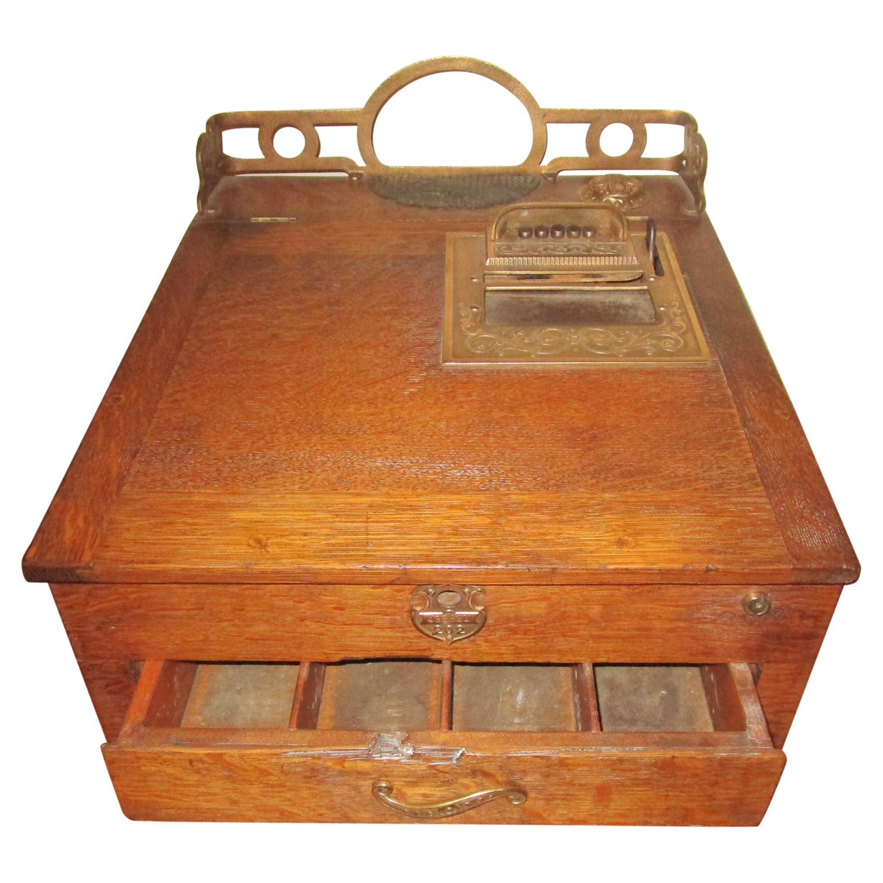 19th c Golden Oak and Brass Flat Model National Cash Register Money Box