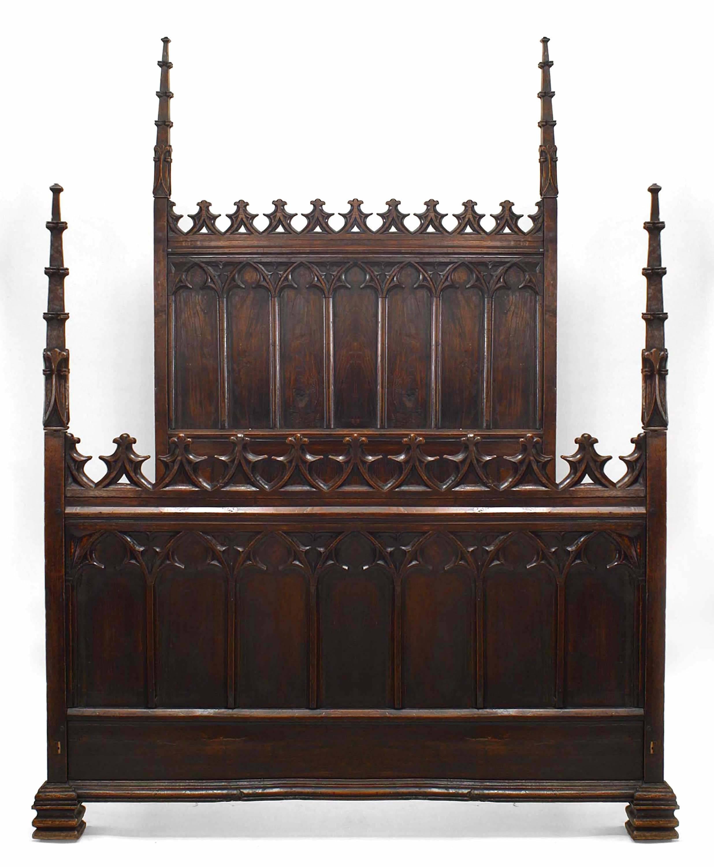 English Gothic Revival-style (19th Century) walnut full size bed with carved finial posts. (Includes: headboard, footboard, rails)
