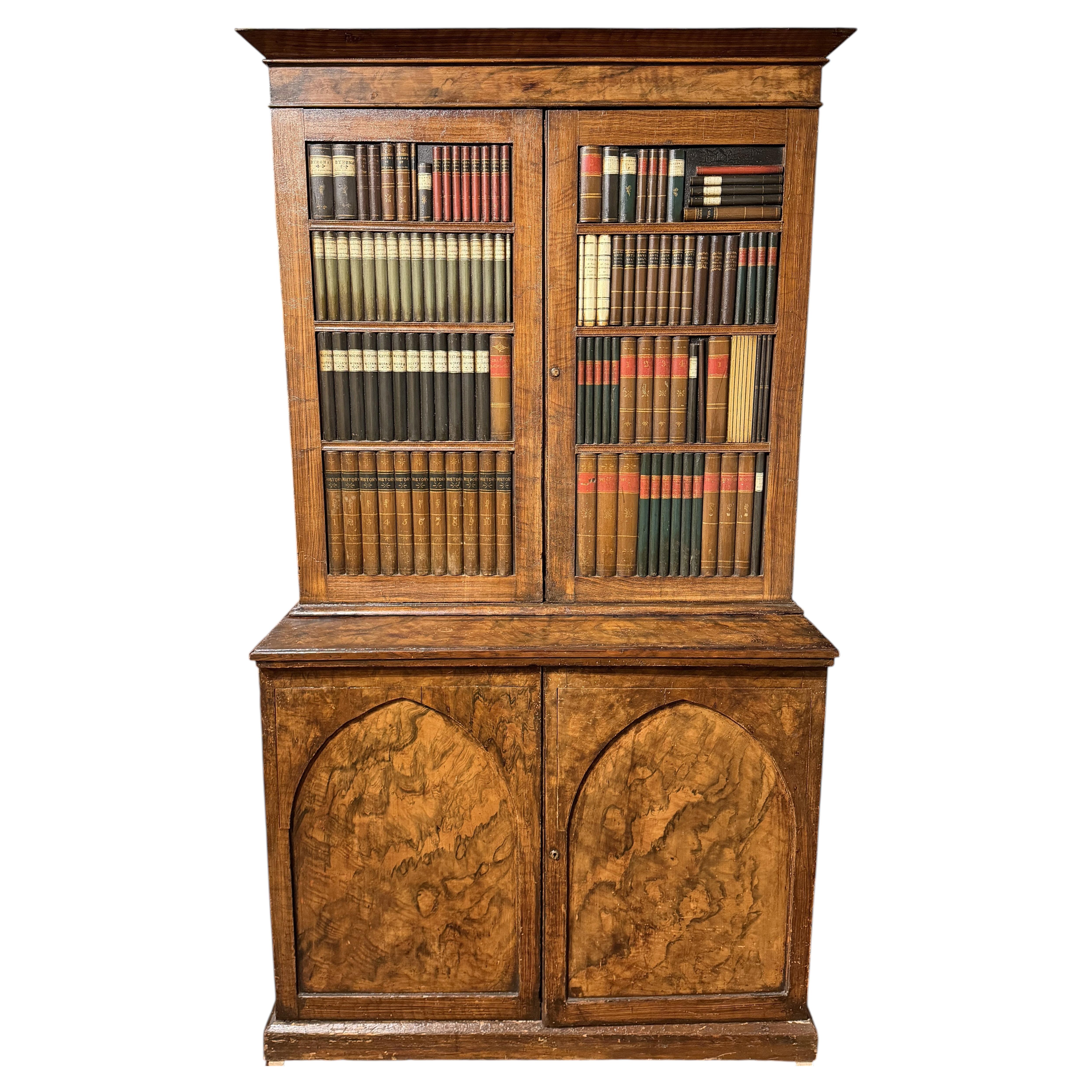 19th c Grain Painted Cabinet with Faux Book Paneled Doors, Probably English For Sale
