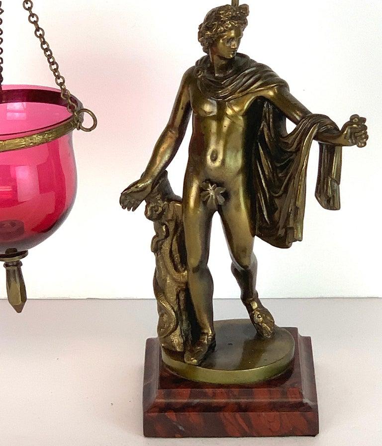 Italian 19th C. Grand Tour Bronze Apollo Belvedere After Leochares, Votive or Oil Lamp For Sale