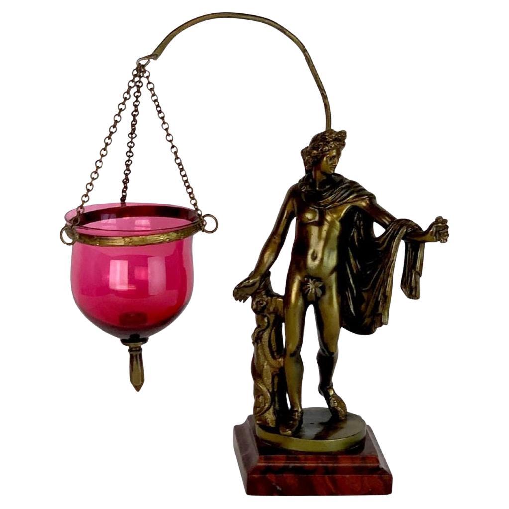 19ème C. Grand Tour Bronze Apollo Belvedere After Leochares, Votive or Oil Lamp en vente