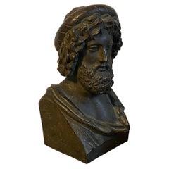 XIX sec. Busto da biblioteca in stile Grand Tour, in bronzo anticato, raffigurante Asclepio, dio della medicina