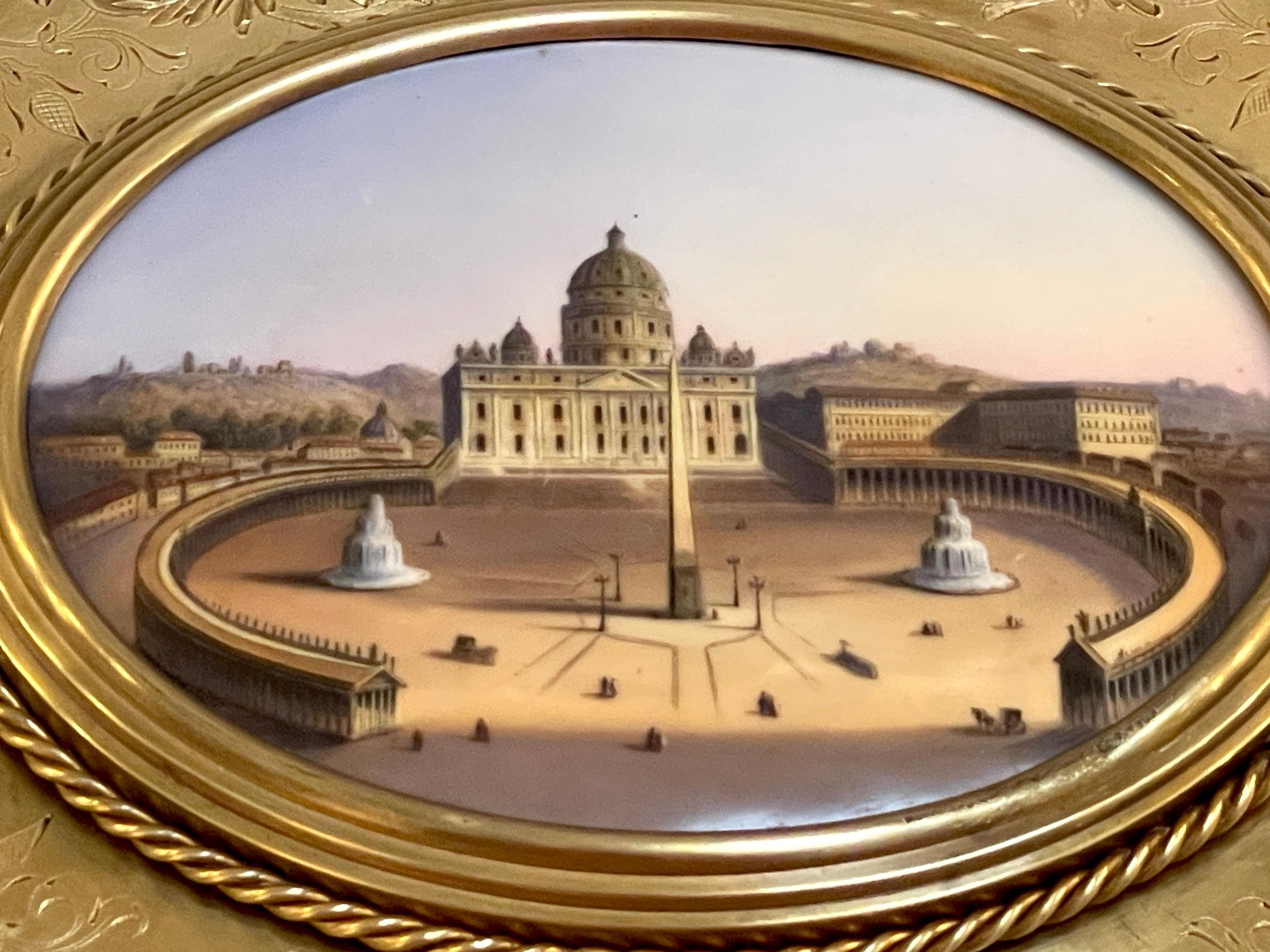 Grand Tour, Gemälde auf Porzellan, Ansicht der Vatikanischen/St. Peter's Basilica, 19. Jahrhundert (Vergoldet) im Angebot