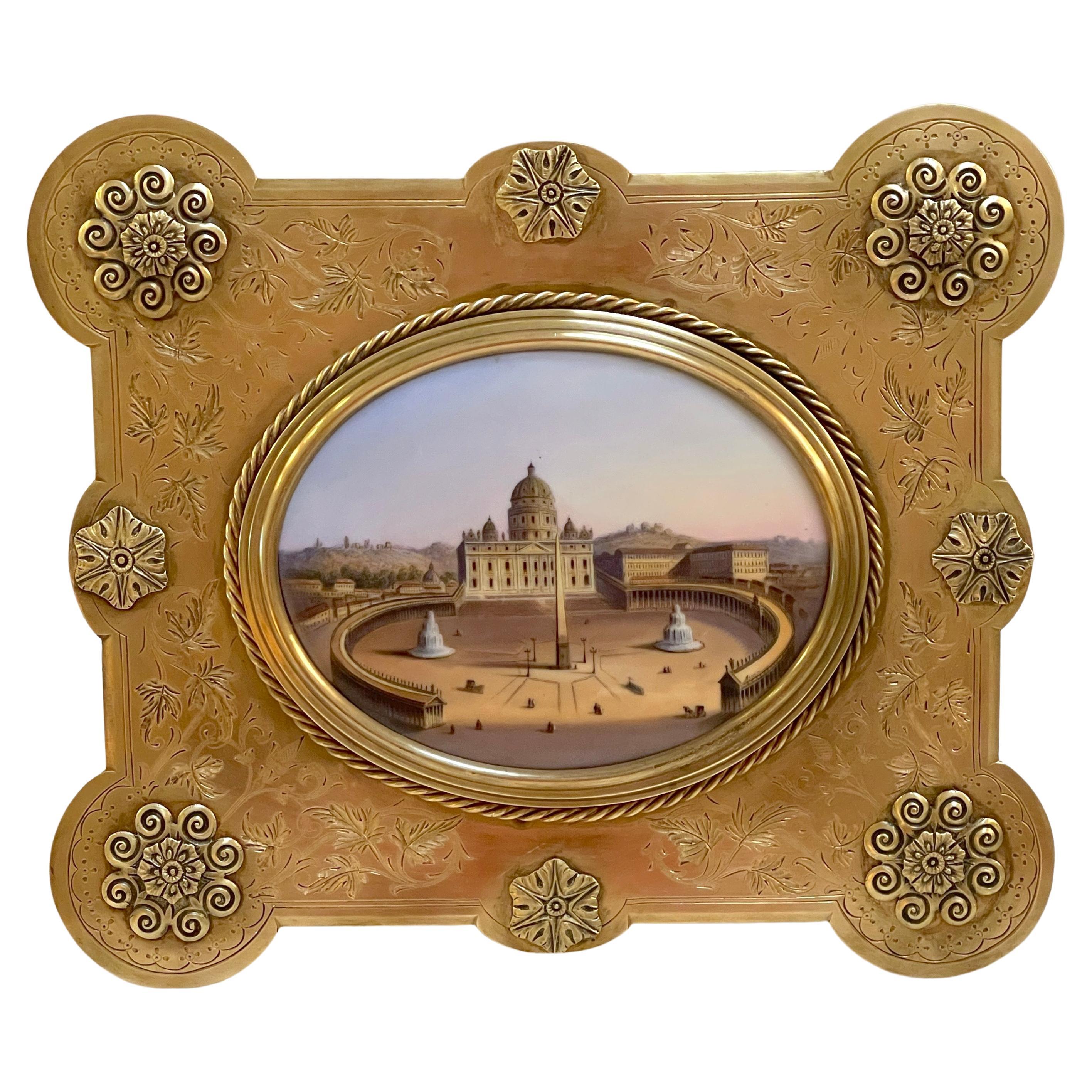 Peinture Grand Tour du 19e siècle sur porcelaine - Vue du Vatican/de la basilique Saint-Pétersbourg en vente