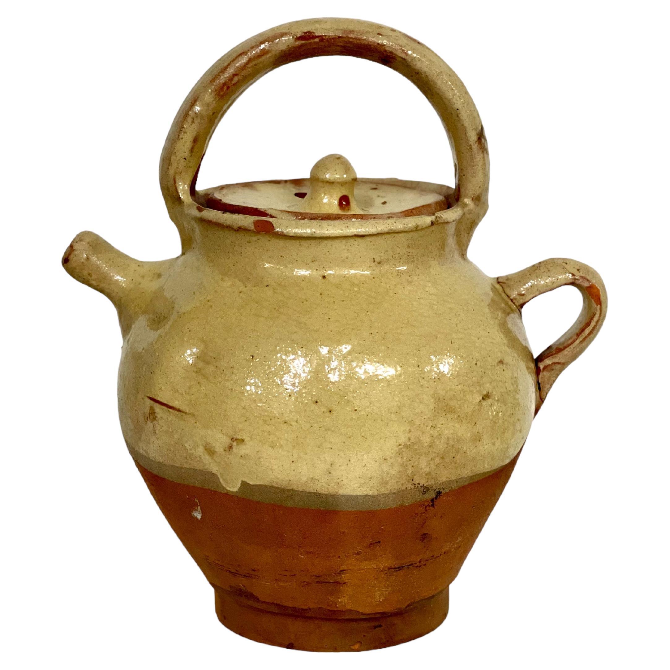 19th Century Half-Glazed Cream Water Cruche with Lid For Sale