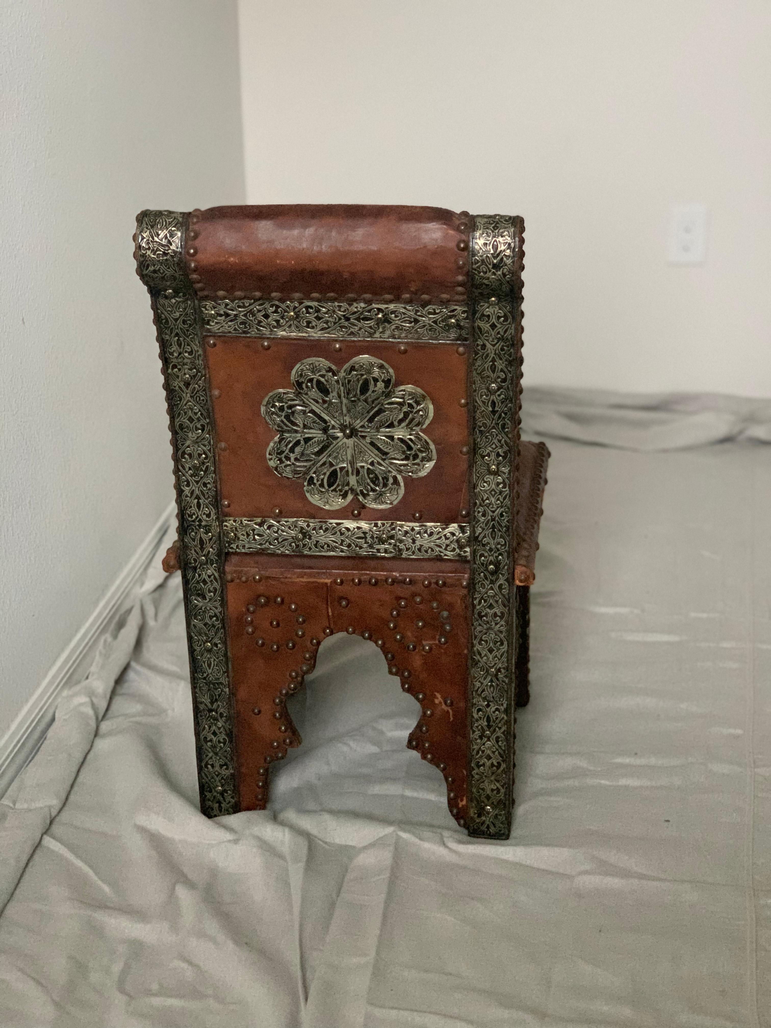 Moorish 19th C. Hammered Metal & Leather Moroccan Side Chair