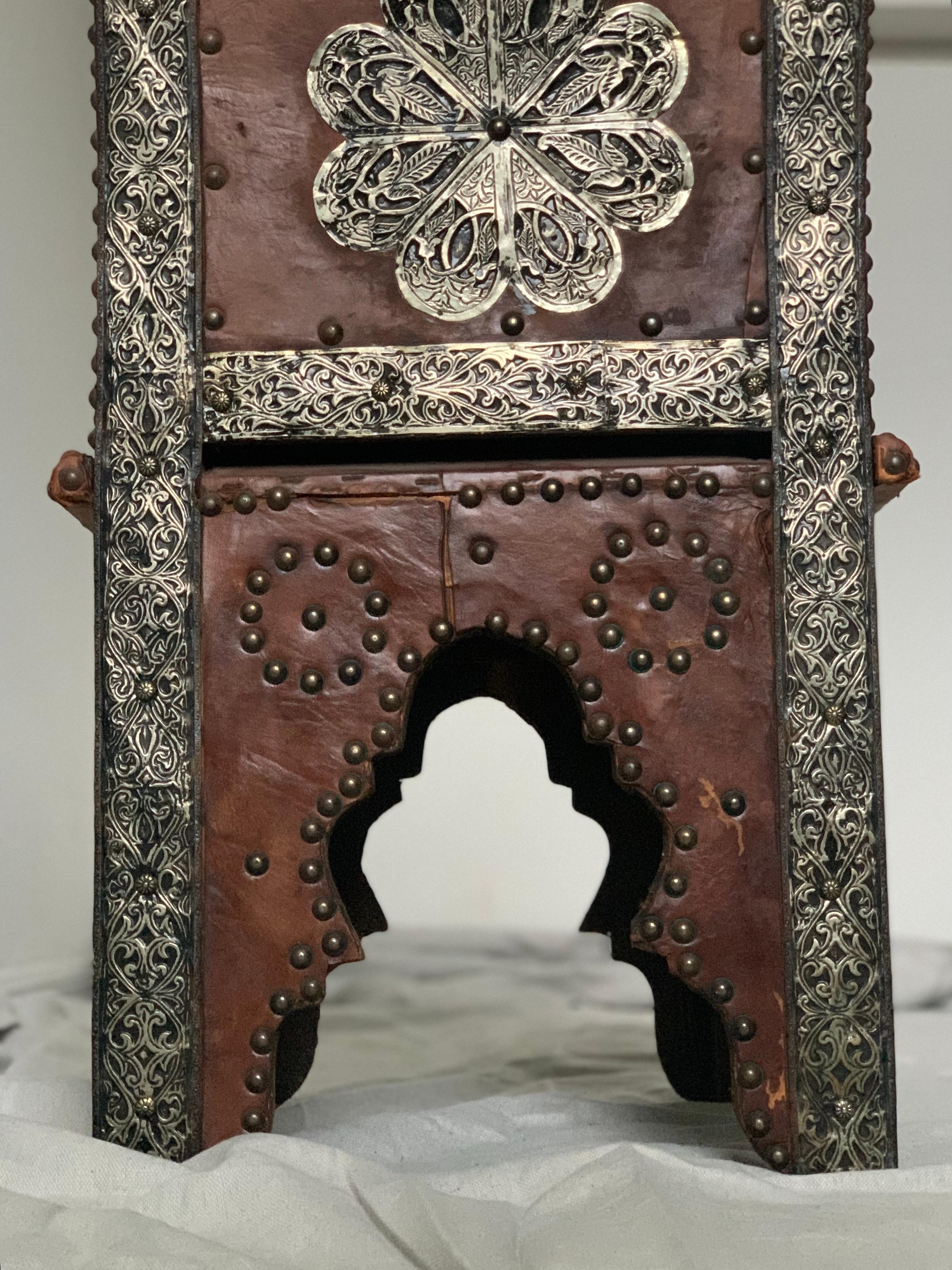 Hand-Carved 19th C. Hammered Metal & Leather Moroccan Side Chair