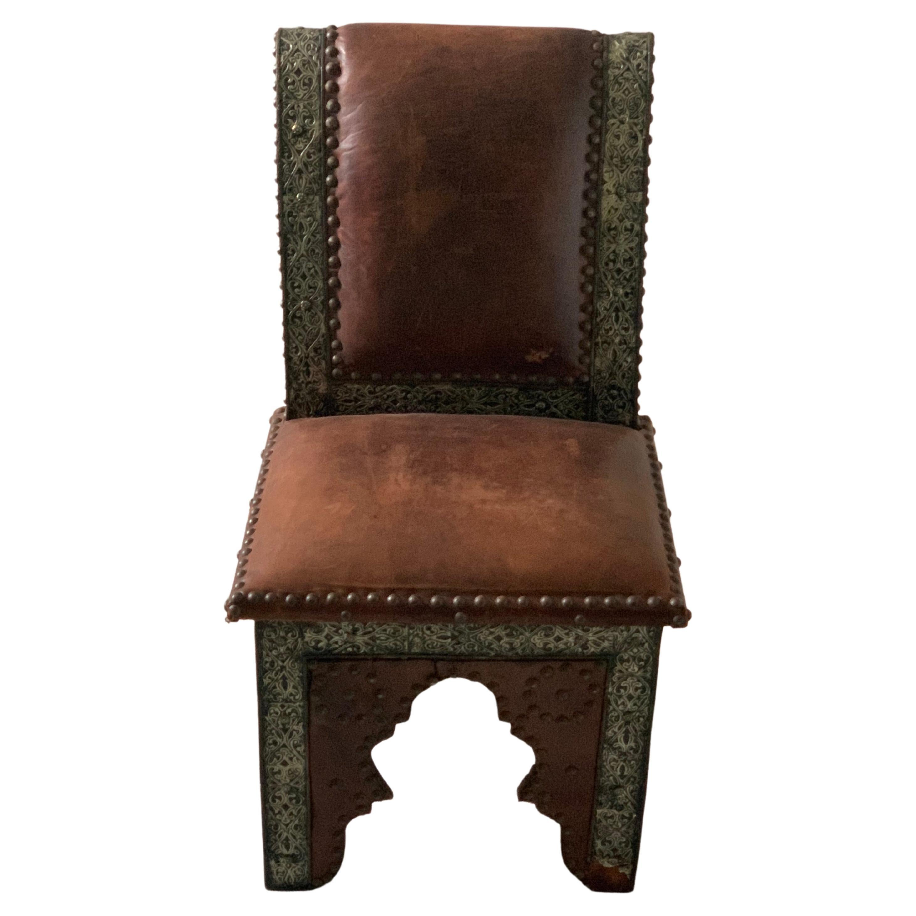 19th C. Hammered Metal & Leather Moroccan Side Chair