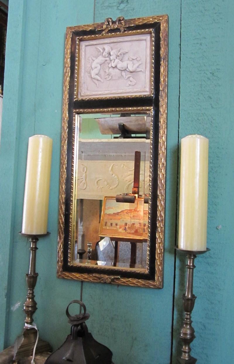 German Hand Carved Wood & Stone Gilded Mantle Mirror Glass Decorative Antiques LA CA For Sale
