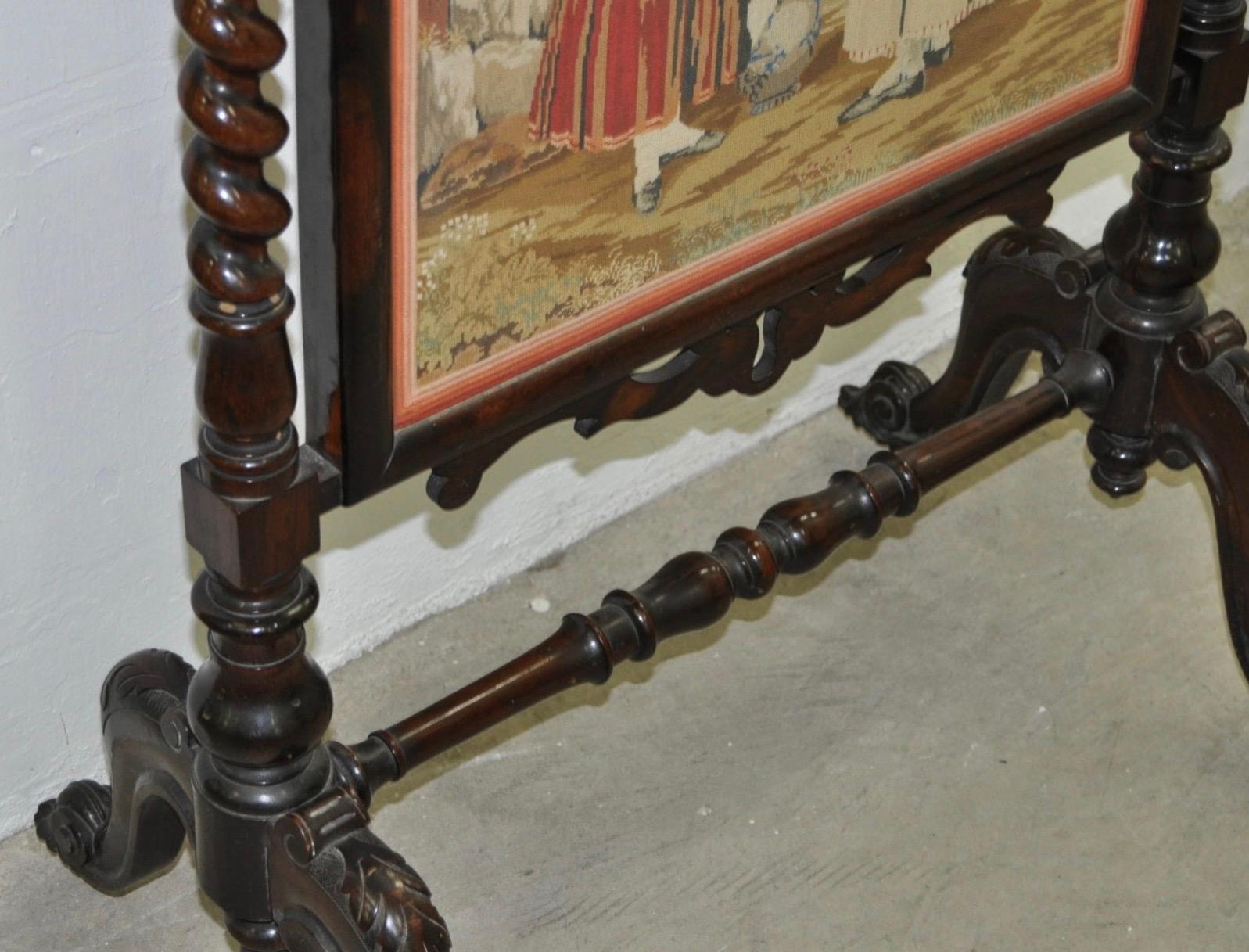 High Victorian 19th Century Hand Carved Mahogany and Petit Point Fire Screen
