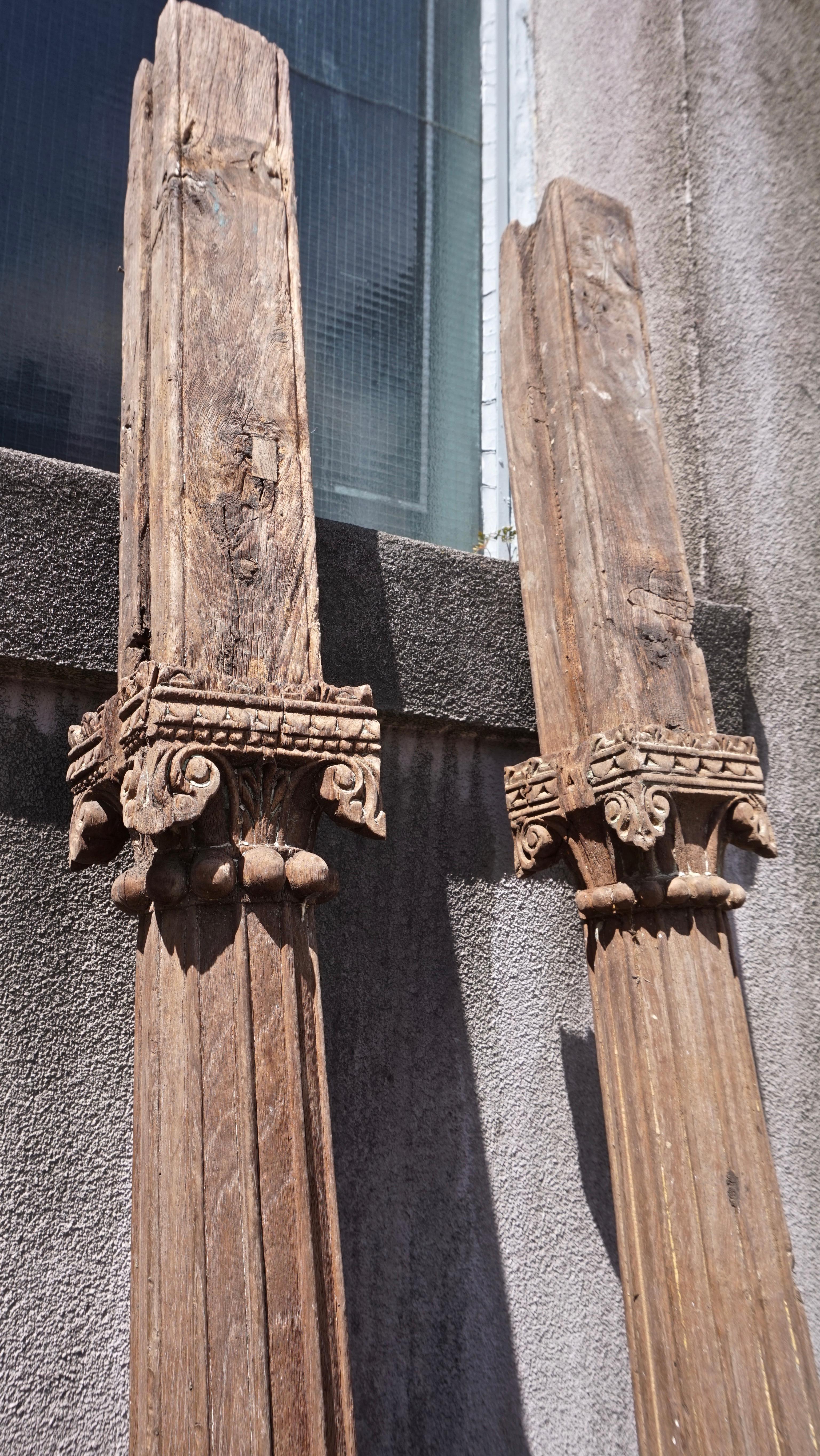 19th C. Hand Carved Salvage Teak Architectural Columns India Rustic Original 3