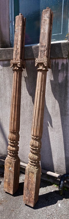 19th C. Hand Carved Salvage Teak Architectural Columns India Rustic Original